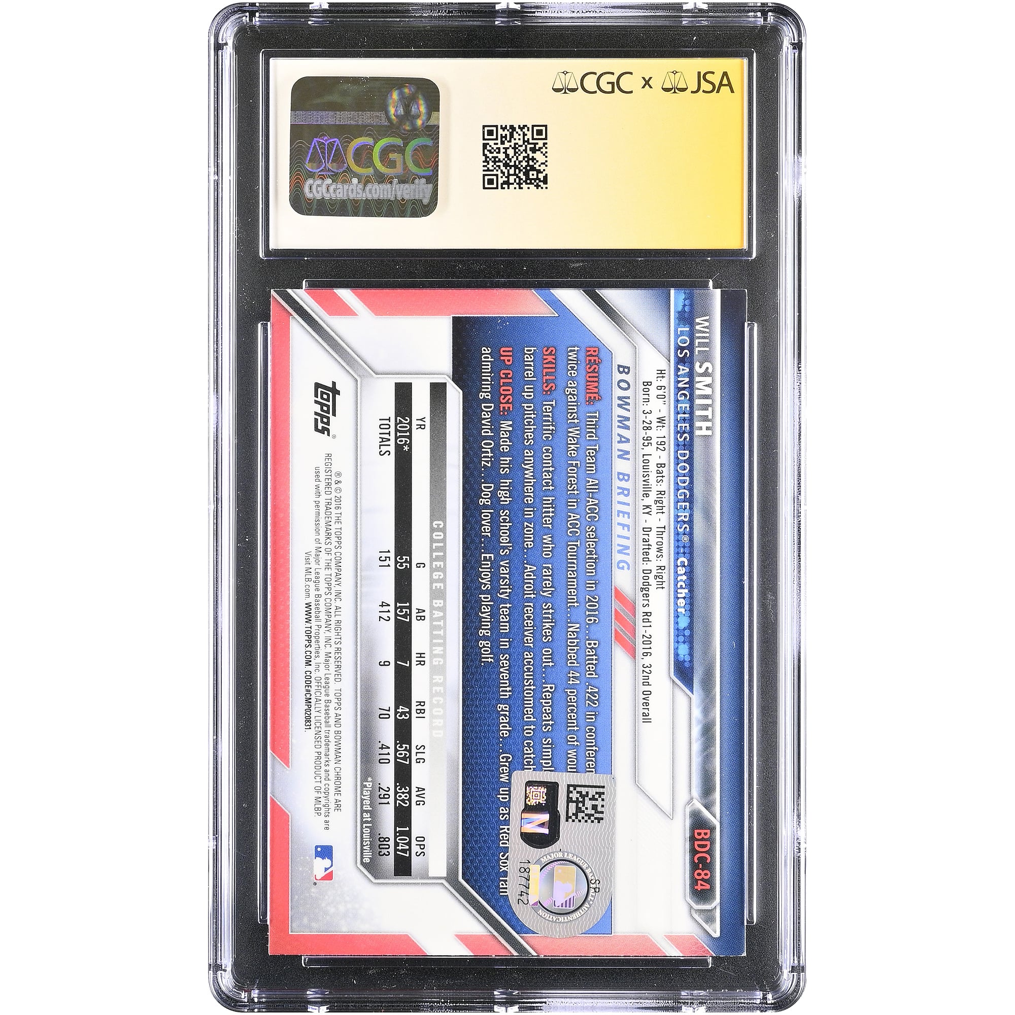 Carte autographiée par Will Smith (Los Angeles Dodgers), Bowman Chrome Draft 2016, n° BDC-84, authentifiée par CGC Fanatics Witnessed (9,5/10).