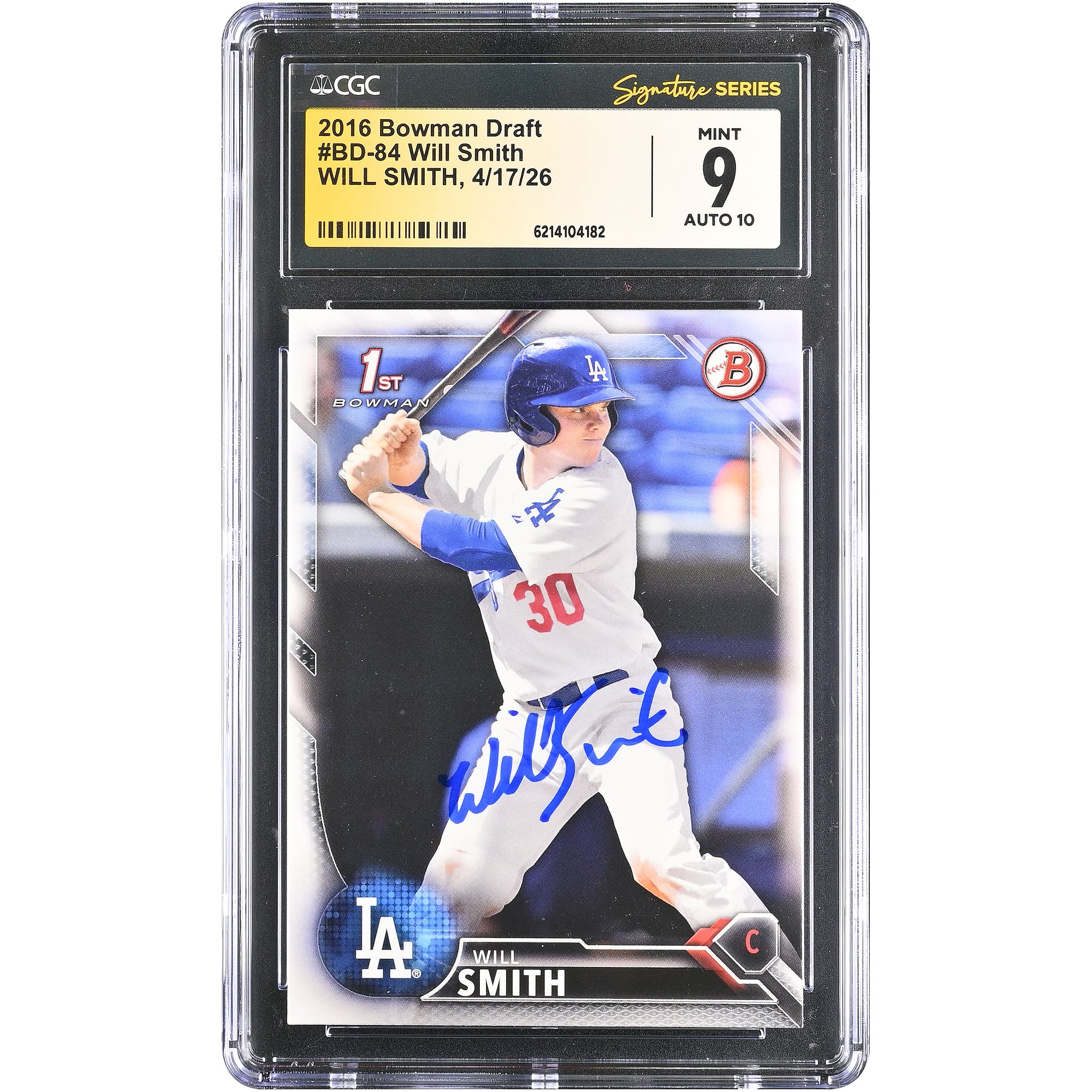 Carte autographiée par Will Smith (Los Angeles Dodgers), Bowman Draft 2016, n° BD-84, authentifiée par Fanatics Witnessed (CGC, état 9/10).