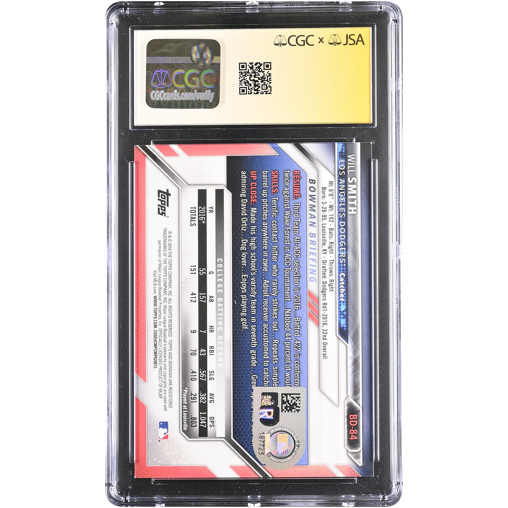 Carte autographiée par Will Smith (Los Angeles Dodgers), Bowman Draft 2016, n° BD-84, authentifiée par Fanatics Witnessed (CGC, état 9/10).