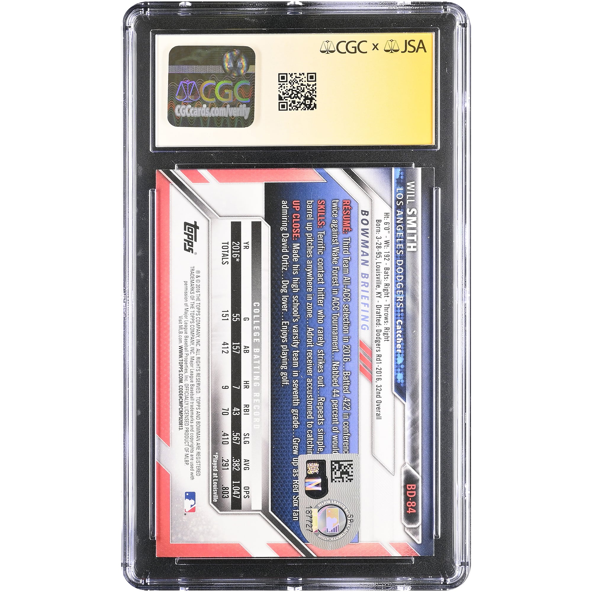Carte autographiée par Will Smith (Los Angeles Dodgers), Bowman Draft 2016, n° BD-84, authentifiée par CGC Fanatics Witnessed (9,5/10).