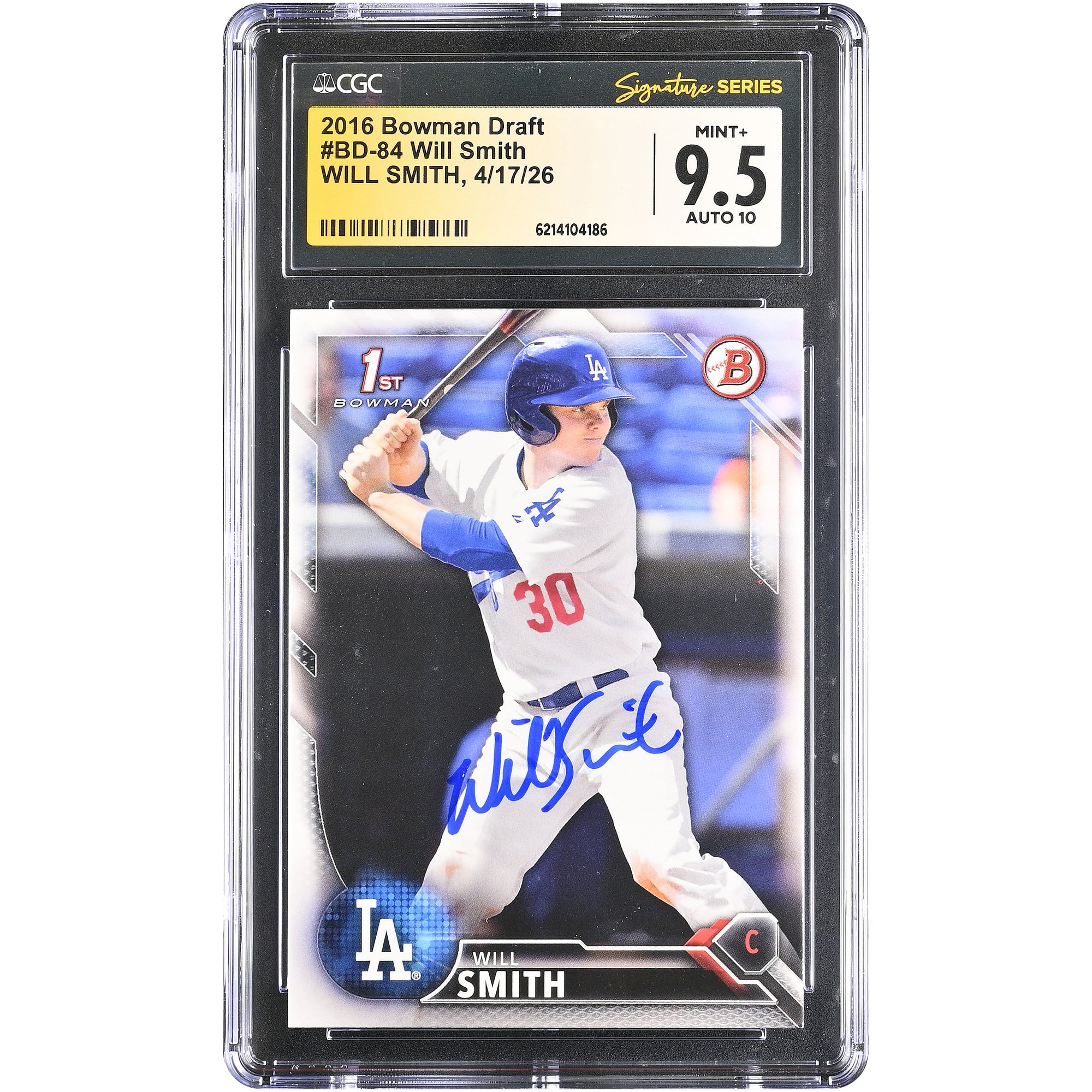 Carte autographiée par Will Smith (Los Angeles Dodgers), Bowman Draft 2016, n° BD-84, authentifiée par CGC Fanatics Witnessed (9,5/10).