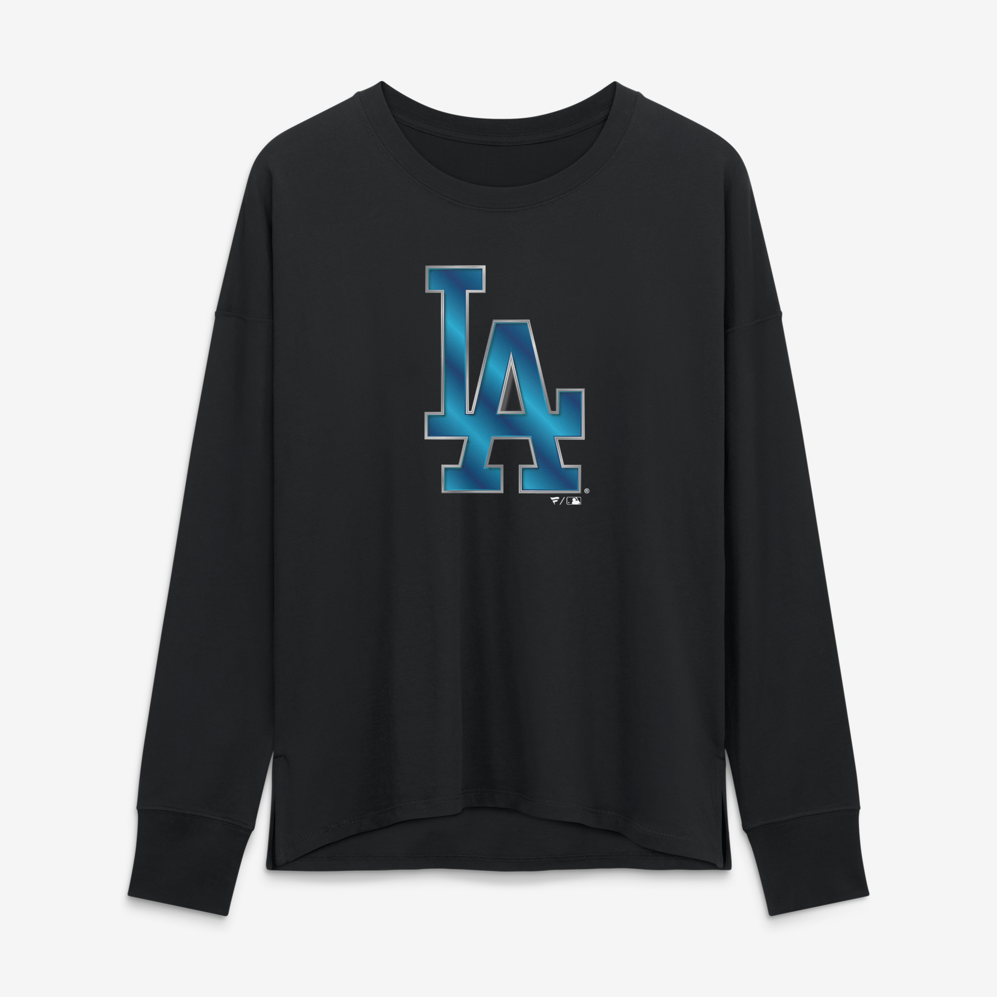 T-shirt à manches longues noir pour femmes avec mascotte métallique des Dodgers de Los Angeles