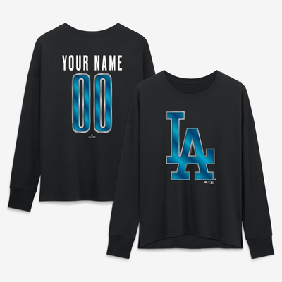 Los Angeles Dodgers Women's Metallic Mascot Personalized Name & Number Long Sleeve T-Shirt - Black