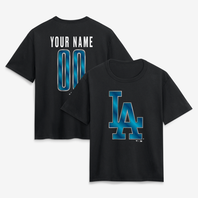Los Angeles Dodgers Women's Metallic Mascot Personalized Name & Number T-Shirt - Black