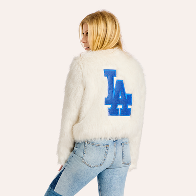  Los Angeles Dodgers by Jill Martin Women's Faux Fur Jacket - White