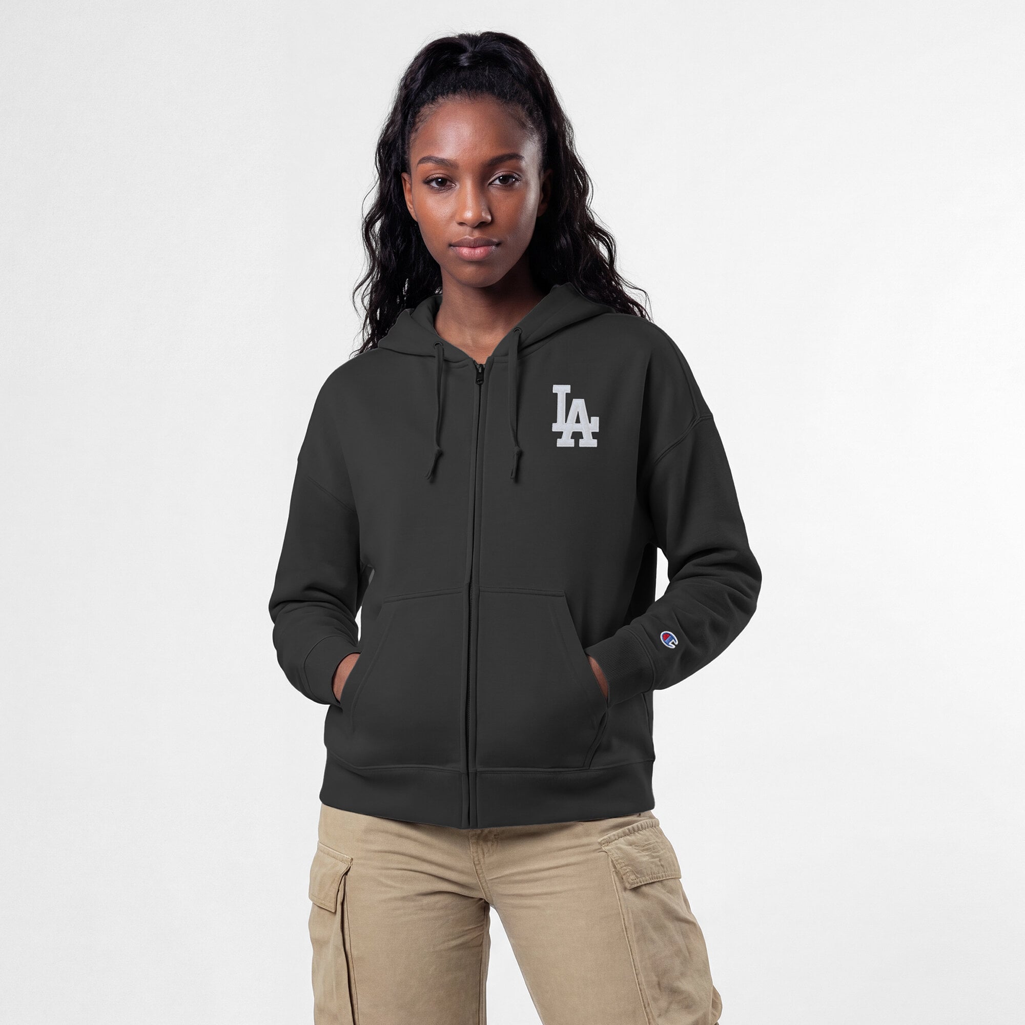 Women's Champion Black Los Angeles Dodgers Powerblend Fleece Full-Zip Hoodie
