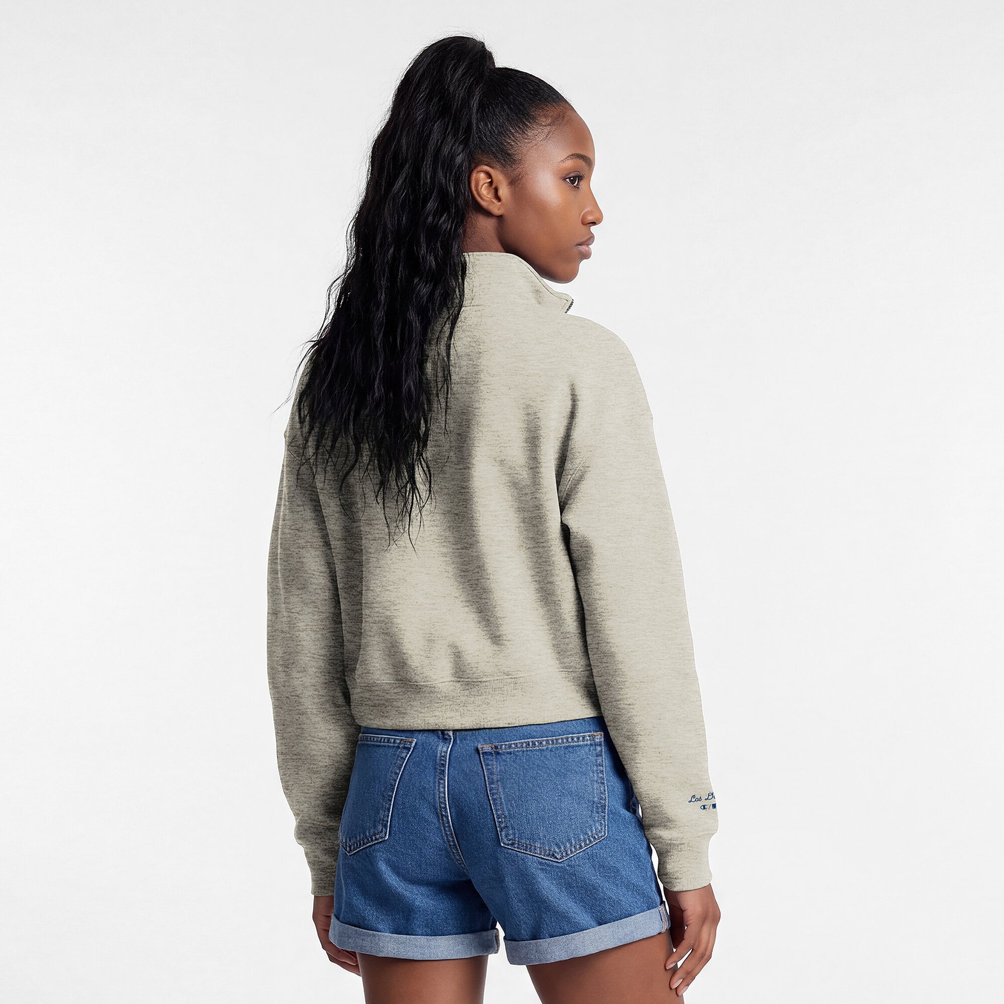 Pull court à col zippé Champion crème Los Angeles Dodgers Triumph en polaire tri-blend pour femme