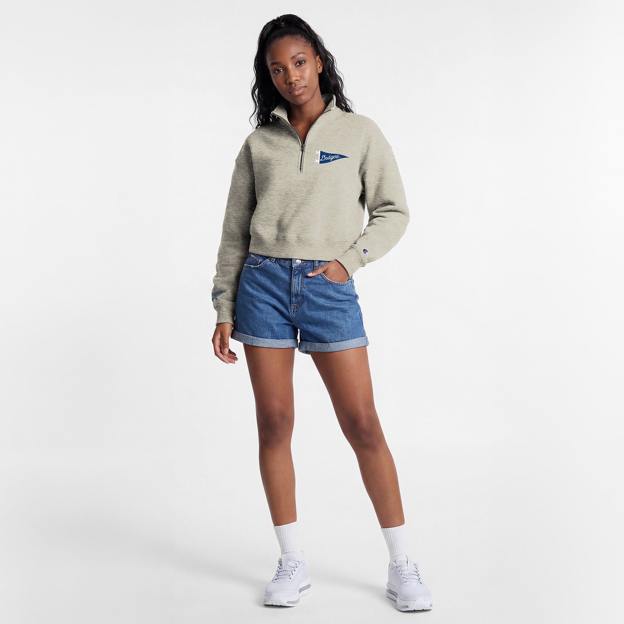 Pull court à col zippé Champion crème Los Angeles Dodgers Triumph en polaire tri-blend pour femme