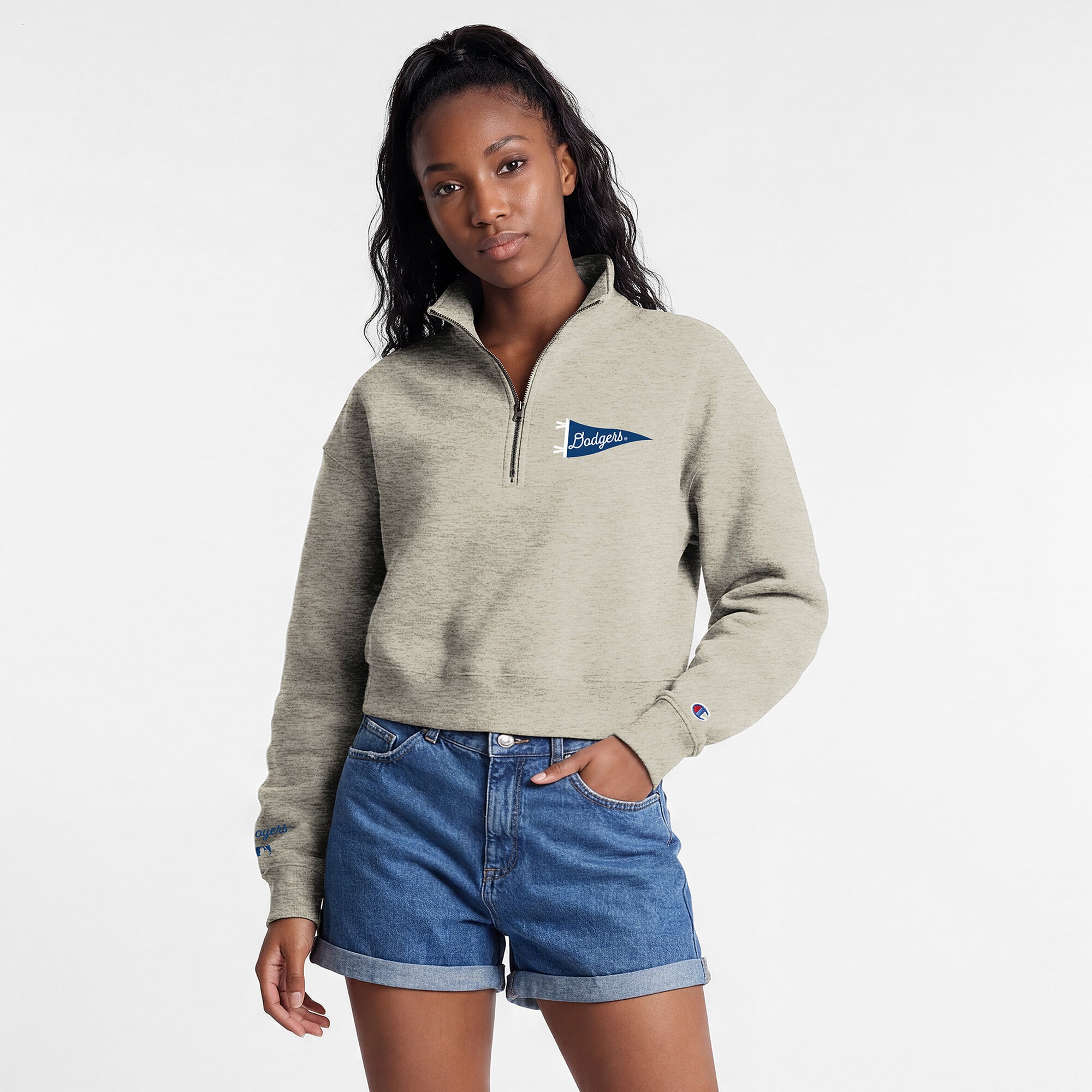 Pull court à col zippé Champion crème Los Angeles Dodgers Triumph en polaire tri-blend pour femme