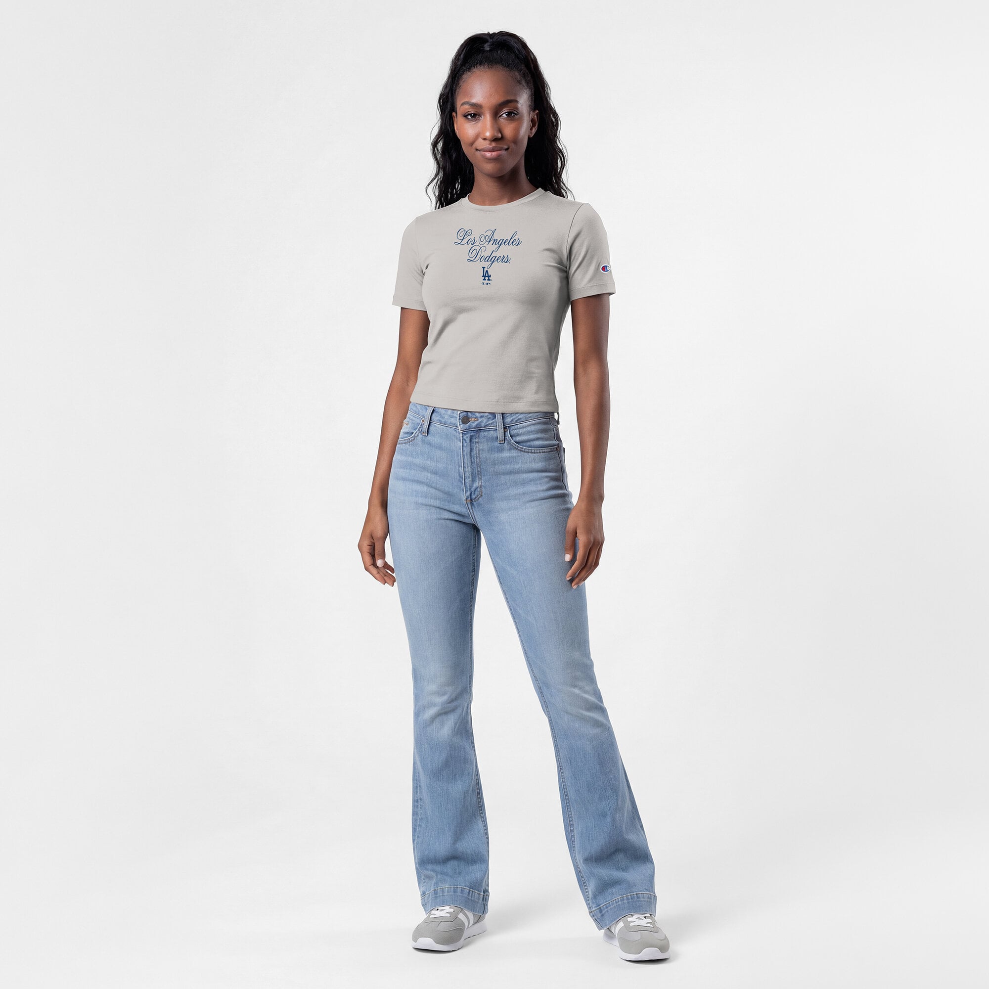T-shirt court ajusté doux au toucher Champion gris pour femme, Los Angeles Dodgers