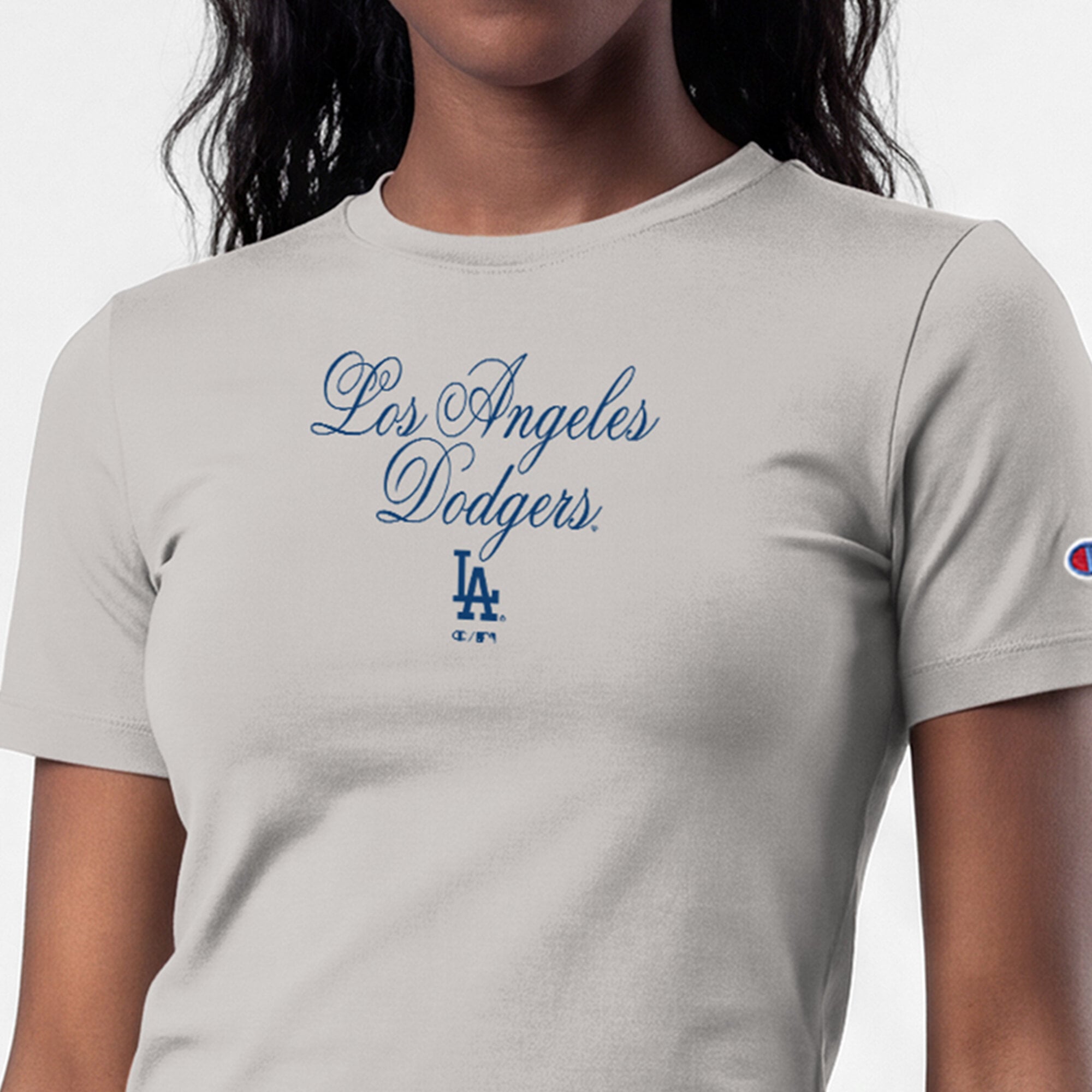 T-shirt court ajusté doux au toucher Champion gris pour femme, Los Angeles Dodgers