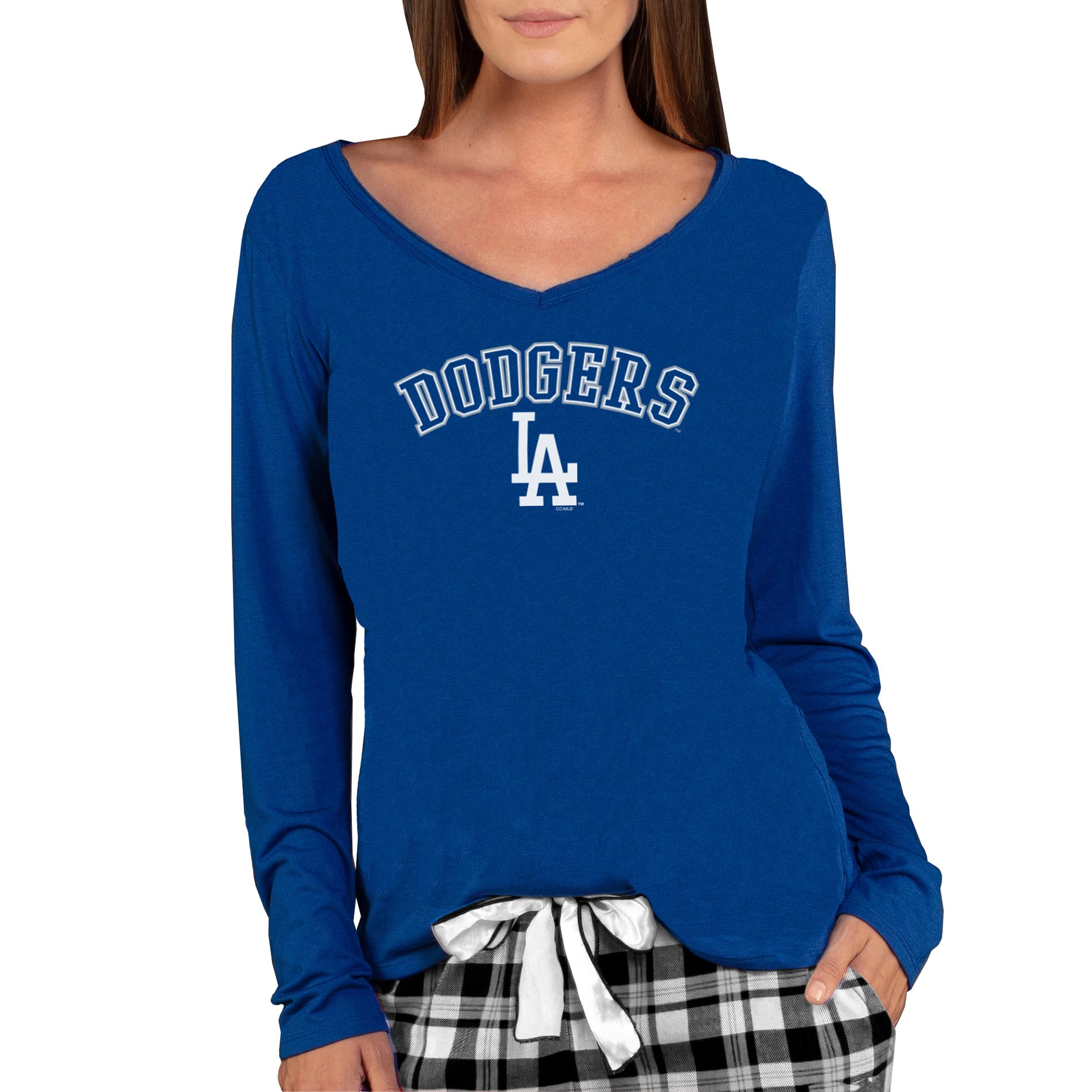 T-shirt à manches longues et col en V maille marathon Los Angeles Dodgers de Concepts Sport Royal pour femmes