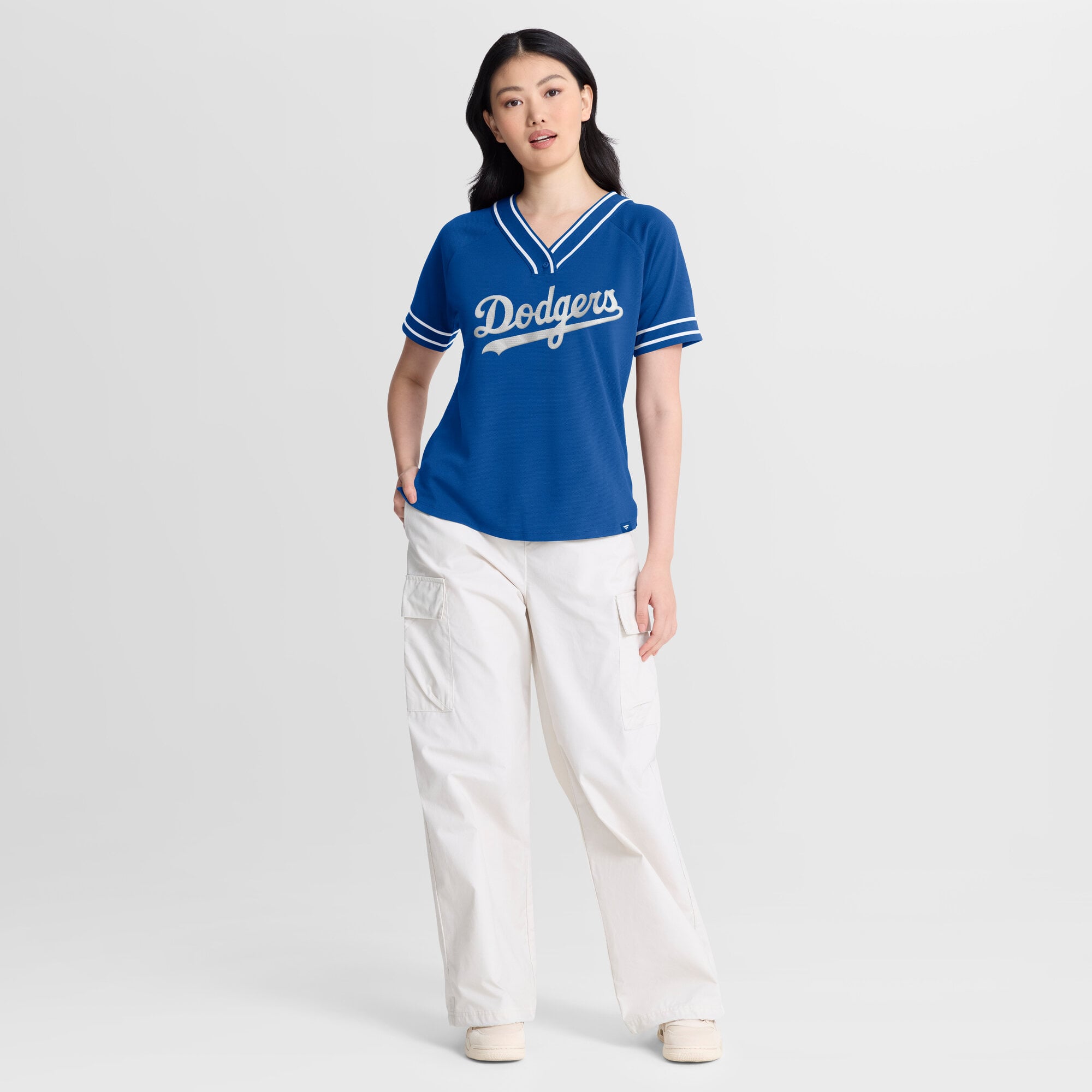 T-shirt raglan à col en V Fanatics Royal Los Angeles Dodgers Diva Race Ahead pour femmes
