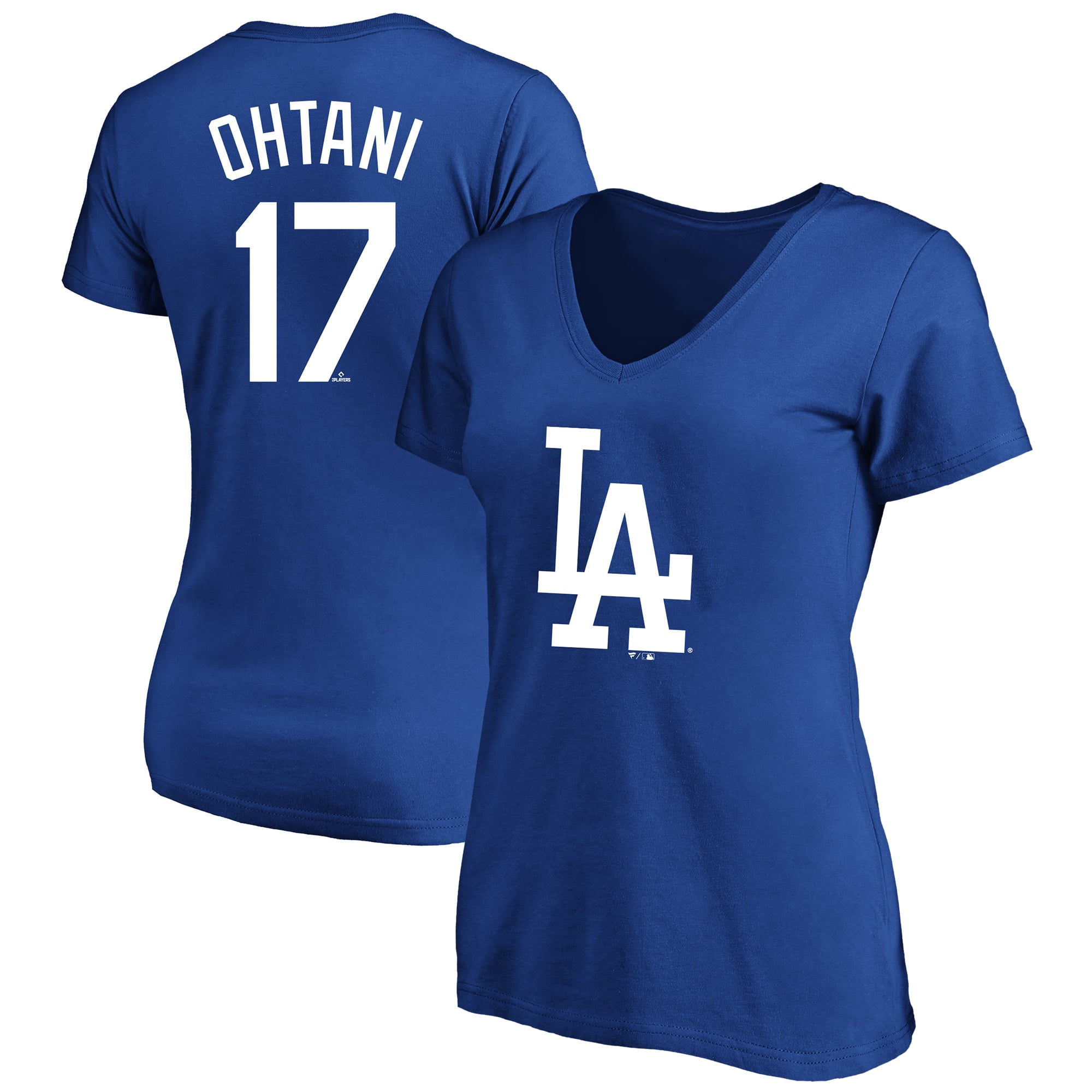 T-shirt à col en V pour femmes Fanatics Shohei Ohtani Royal Los Angeles Dodgers, grandes tailles, nom et numéro