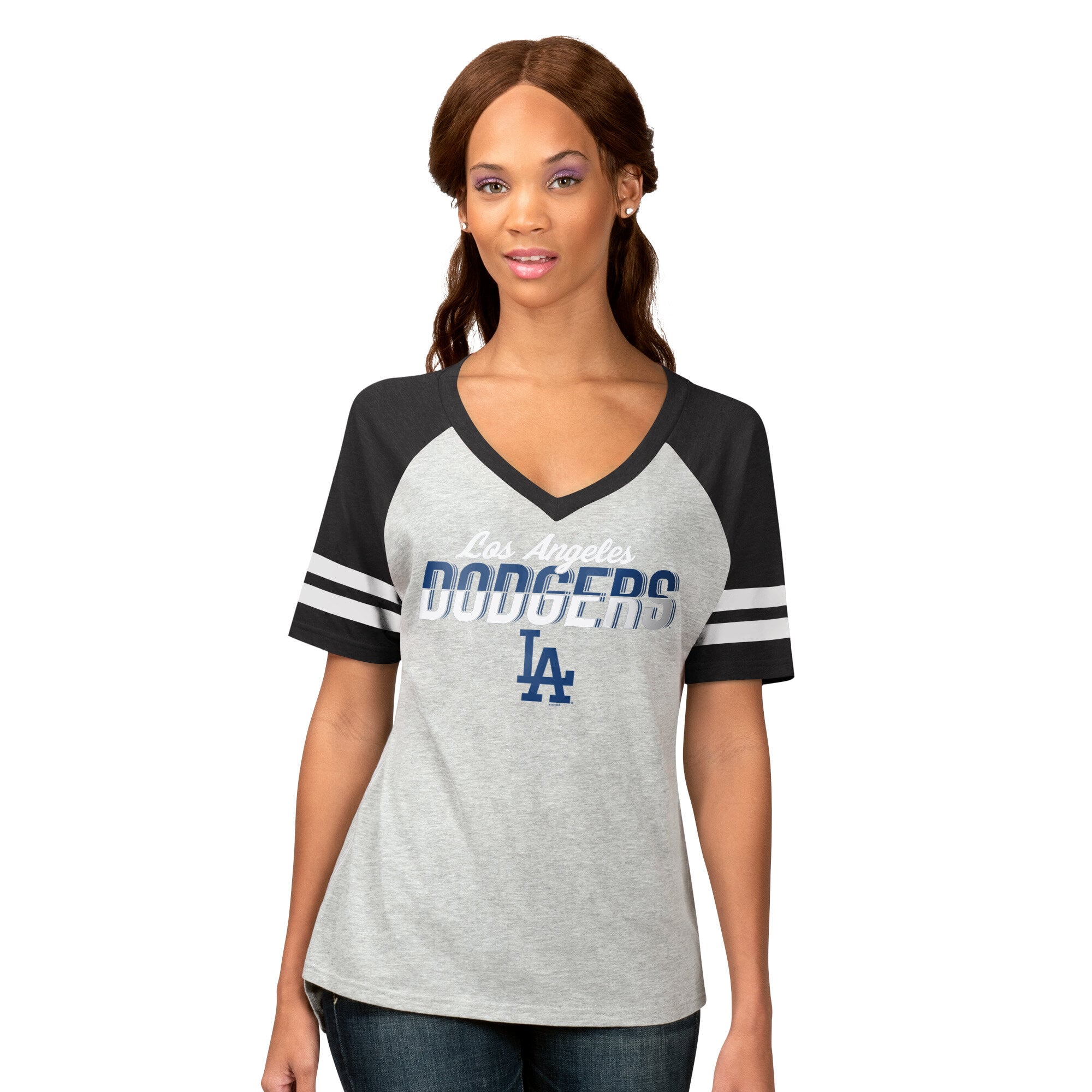 Women's G-III 4Her by Carl Banks Heather Gray Los Angeles Dodgers Goal Line Raglan V-Neck T-Shirt