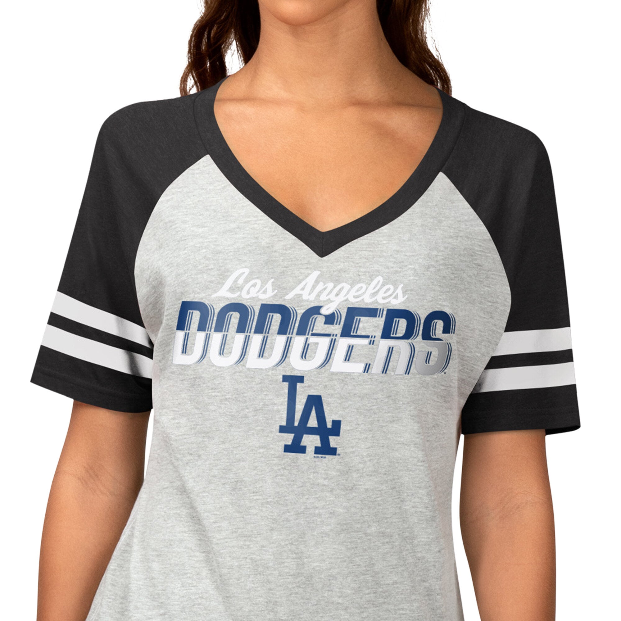Women's G-III 4Her by Carl Banks Heather Gray Los Angeles Dodgers Goal Line Raglan V-Neck T-Shirt