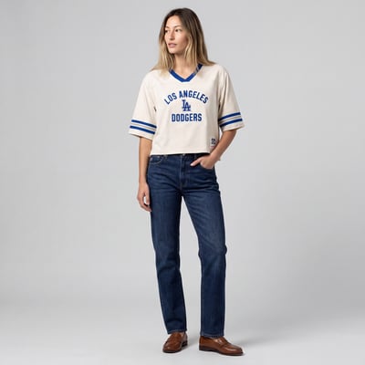  Los Angeles Dodgers Mitchell & Ness Women's Cooperstown Collection Retro Roots Crop Boxy Yoke T-Shirt - Cream