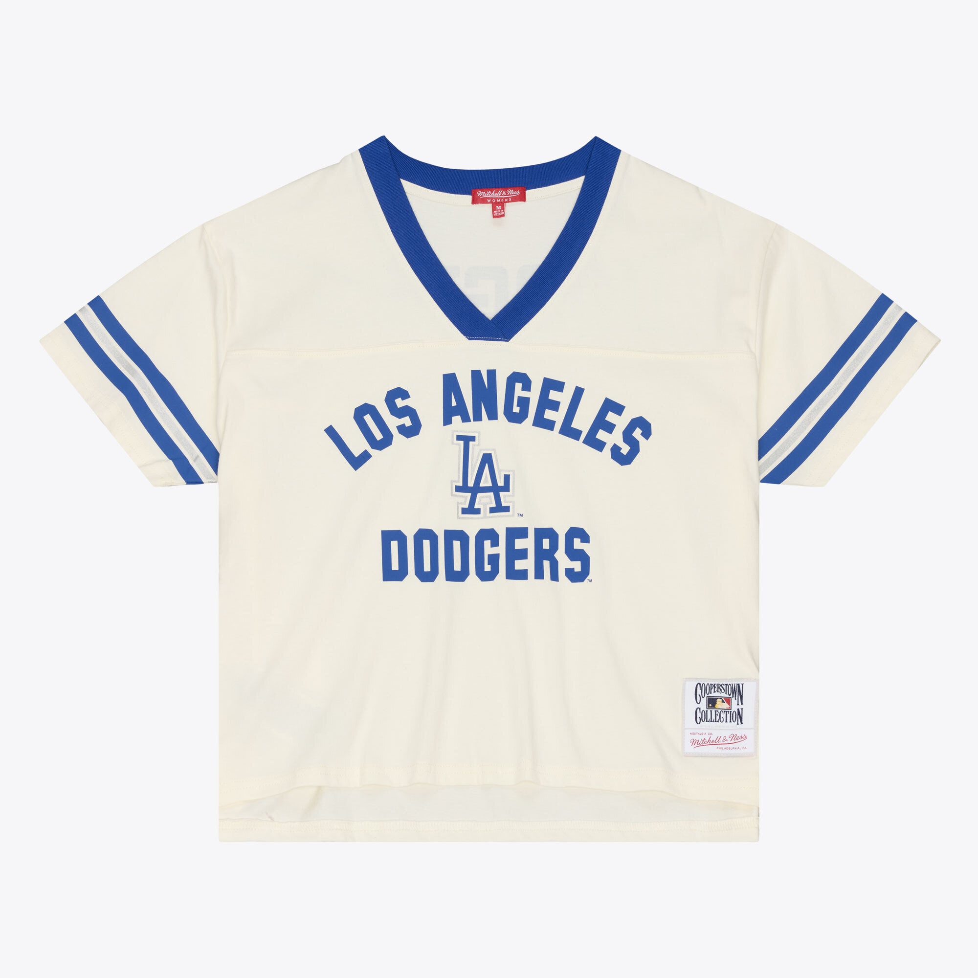 T-shirt Mitchell & Ness crème pour femme, Los Angeles Dodgers Retro Roots Hardwood Classics, coupe courte carrée et col en V