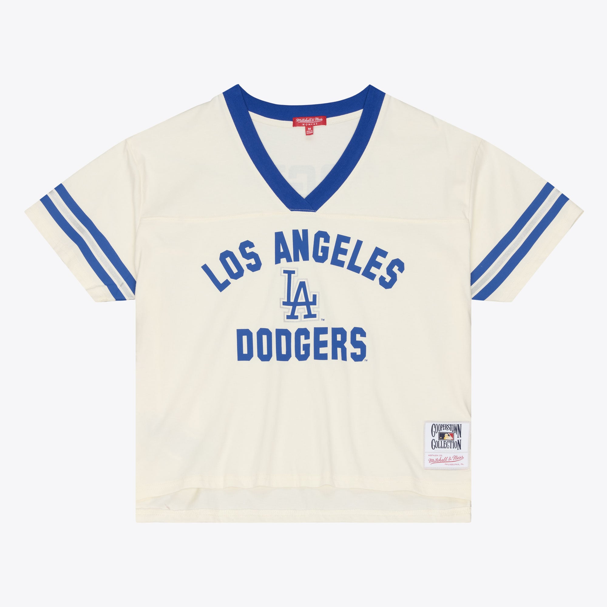T-shirt Mitchell & Ness crème pour femme, Los Angeles Dodgers Retro Roots Hardwood Classics, coupe courte carrée et col en V