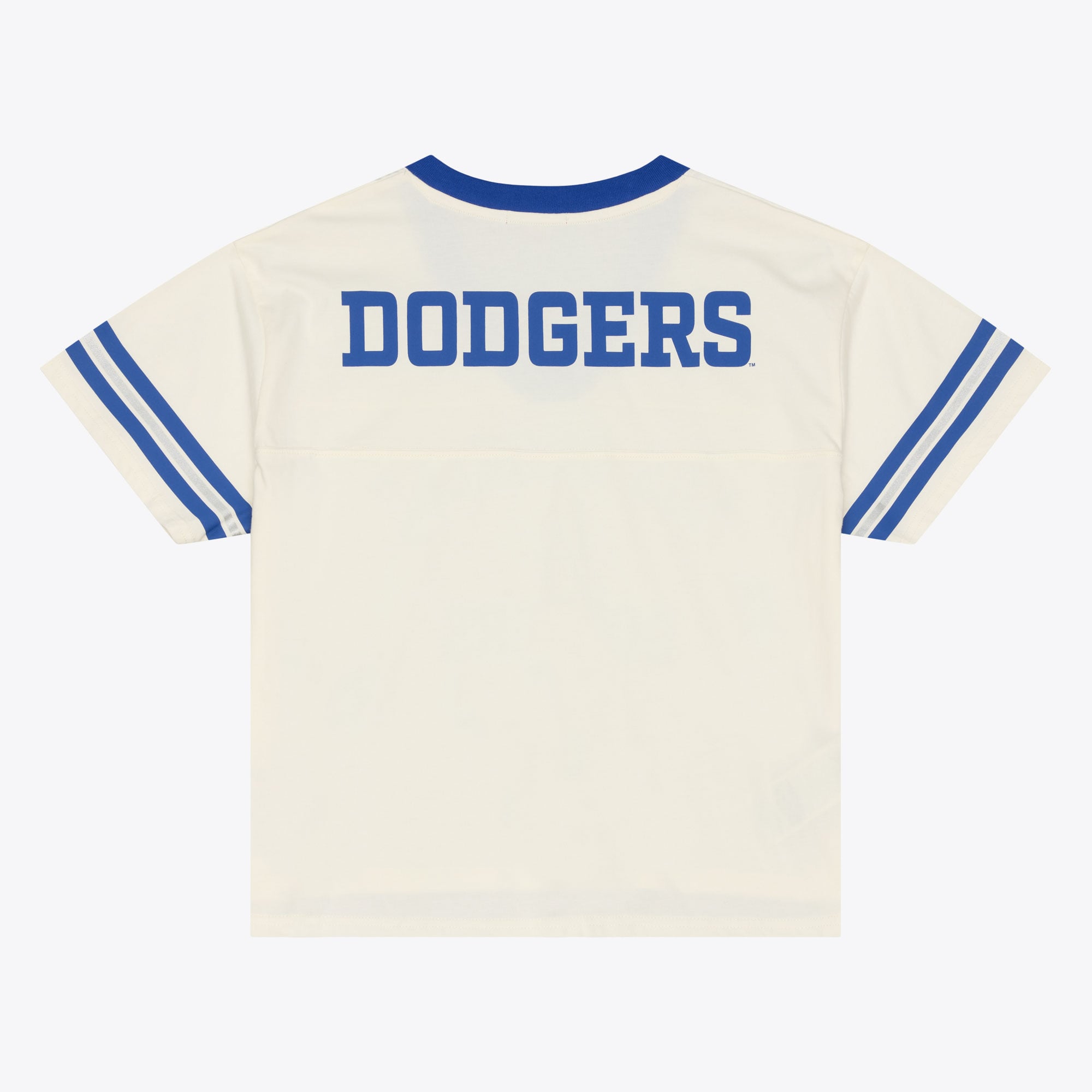 T-shirt Mitchell & Ness crème pour femme, Los Angeles Dodgers Retro Roots Hardwood Classics, coupe courte carrée et col en V