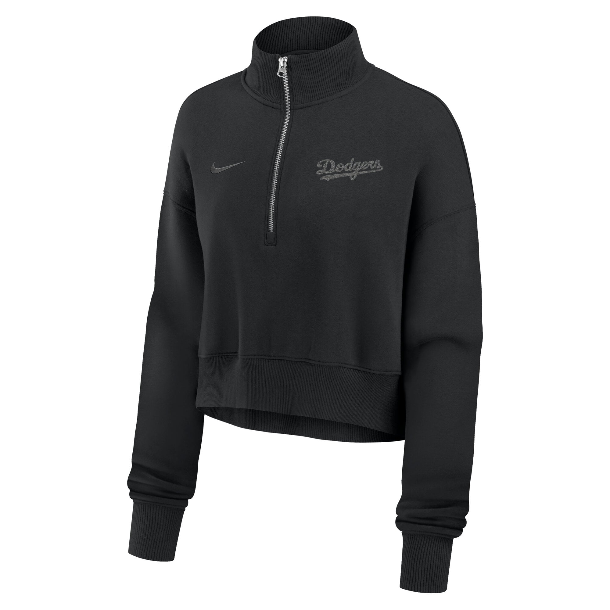 Sweat-shirt court à col zippé Nike noir Los Angeles Dodgers pour femme, modèle Phoenix Fleece oversize.