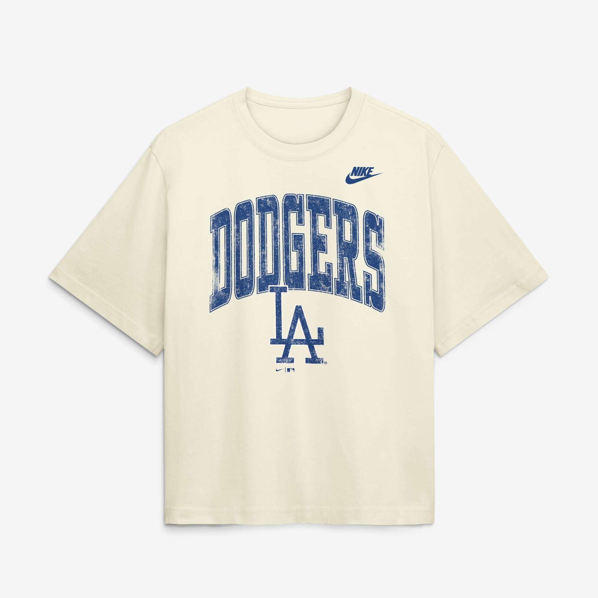 T-shirt Nike crème pour femme Los Angeles Dodgers, coupe carrée et effet vieilli.