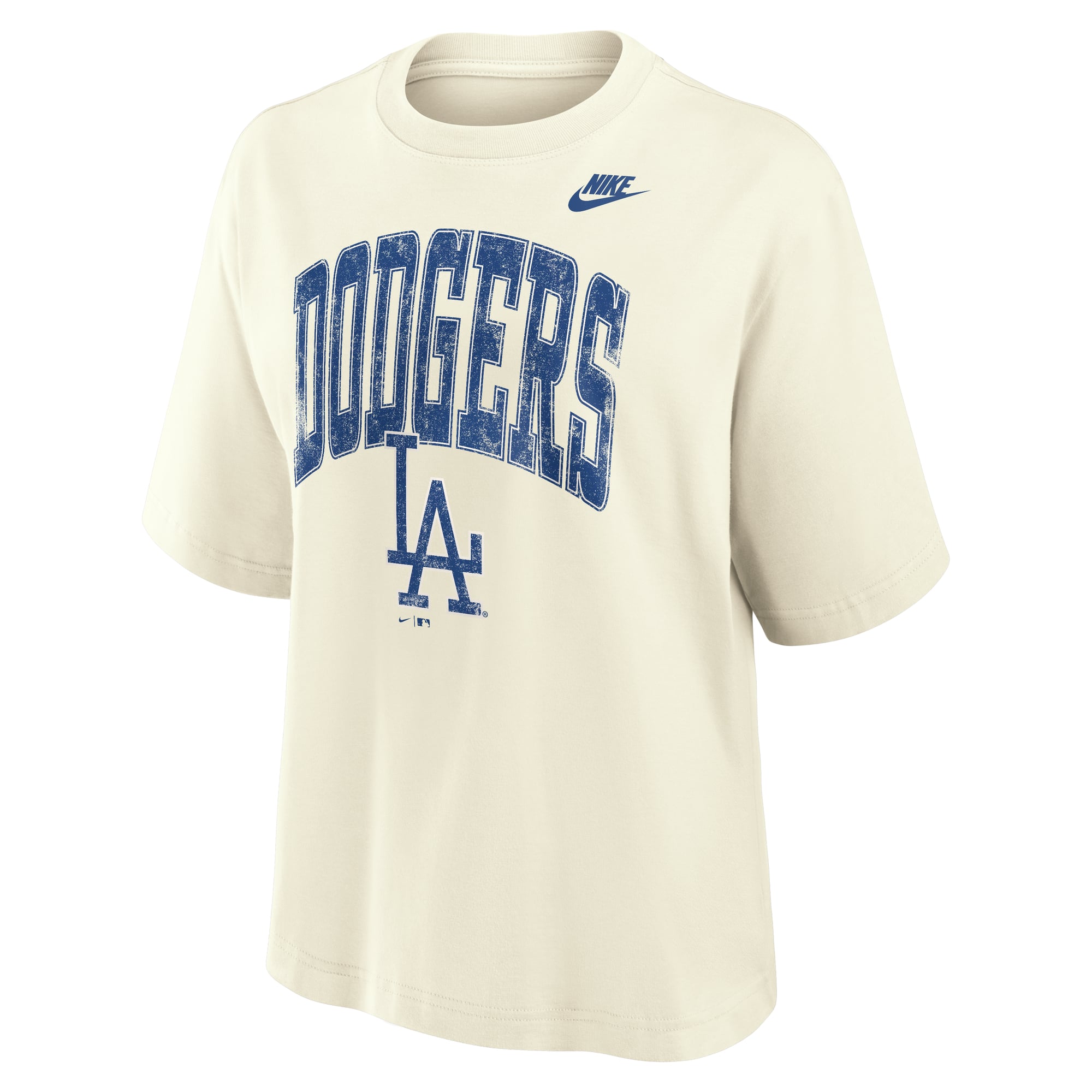 T-shirt Nike crème pour femme Los Angeles Dodgers, coupe carrée et effet vieilli.
