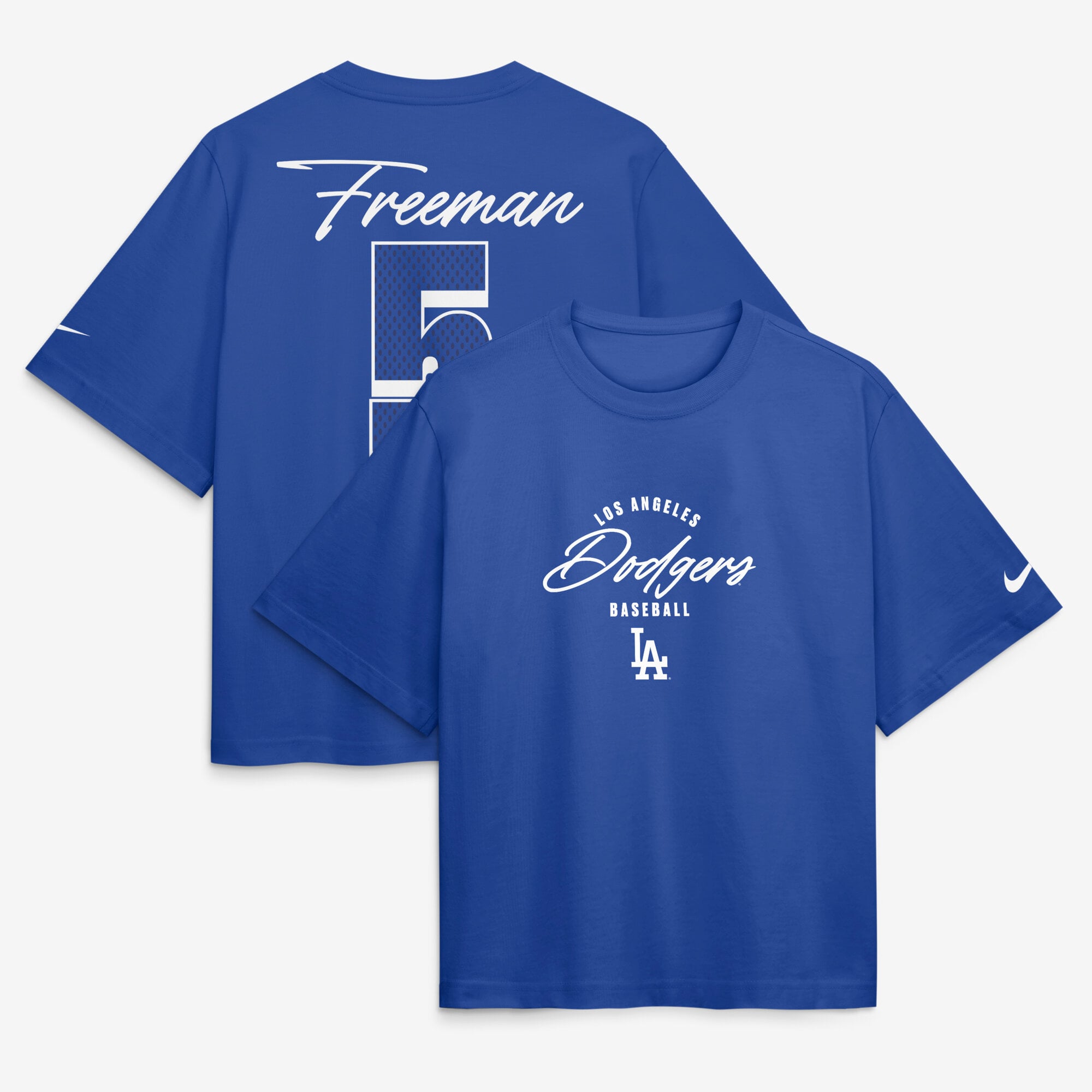 T-shirt Nike Freddie Freeman Royal Los Angeles Dodgers Premium Essentials Boxy pour femme, avec nom et numéro