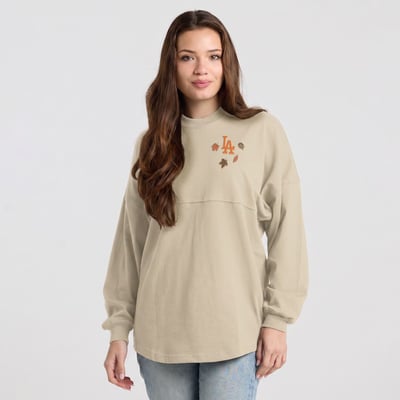  Los Angeles Dodgers Spirit Jersey Women's Fall Leaves Long Sleeve T-Shirt - Cream
