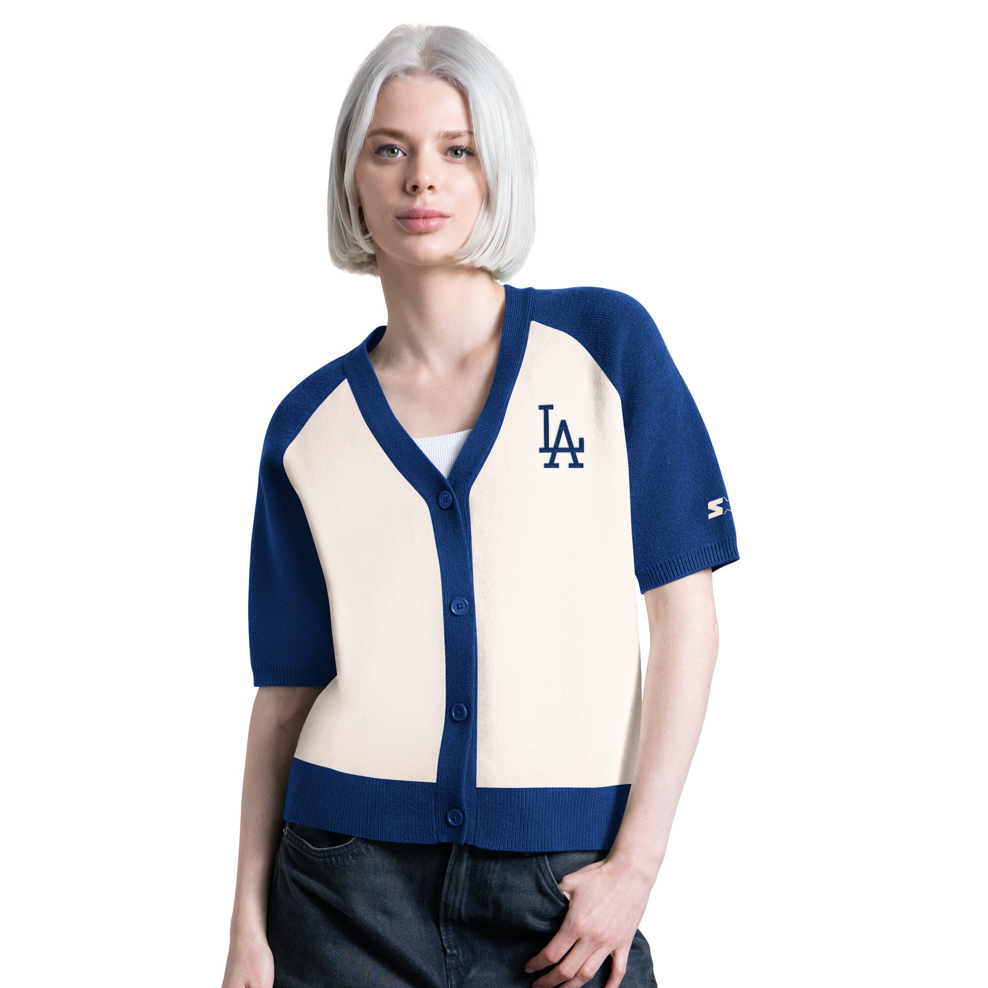 Women's Starter Cream Los Angeles Dodgers Cooperstown Collection Key Player Tri-Blend Cropped Button-Up Raglan Short Sleeve Sweater