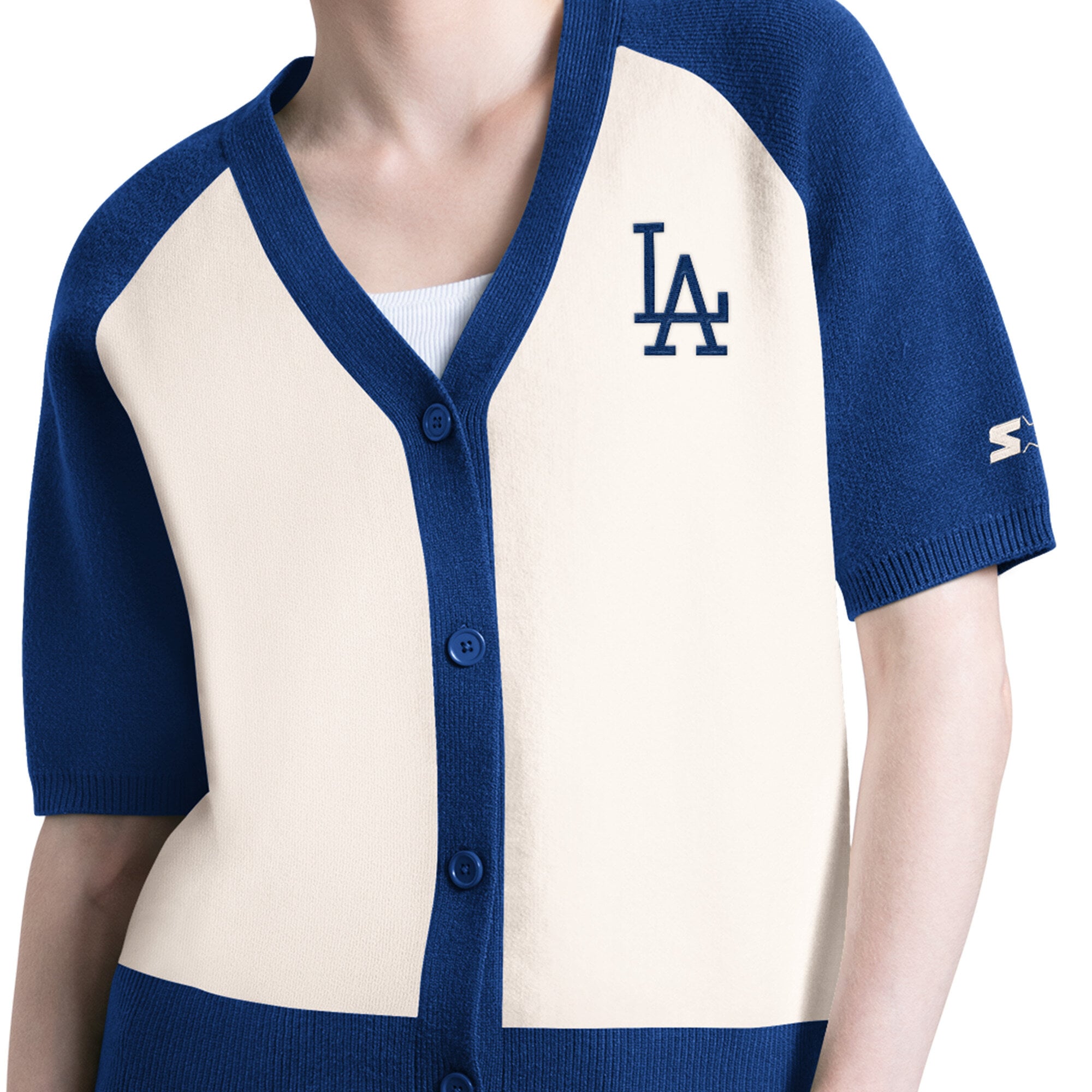 Women's Starter Cream Los Angeles Dodgers Cooperstown Collection Key Player Tri-Blend Cropped Button-Up Raglan Short Sleeve Sweater