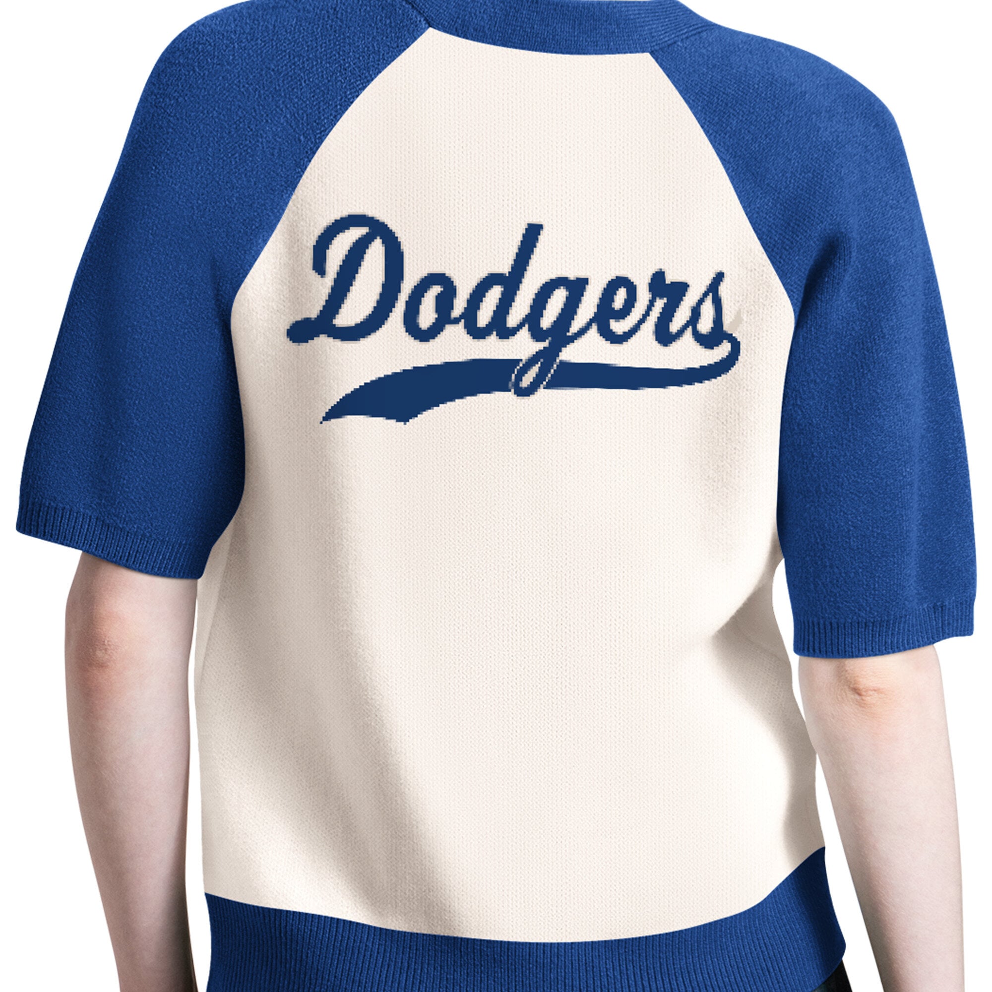 Women's Starter Cream Los Angeles Dodgers Cooperstown Collection Key Player Tri-Blend Cropped Button-Up Raglan Short Sleeve Sweater