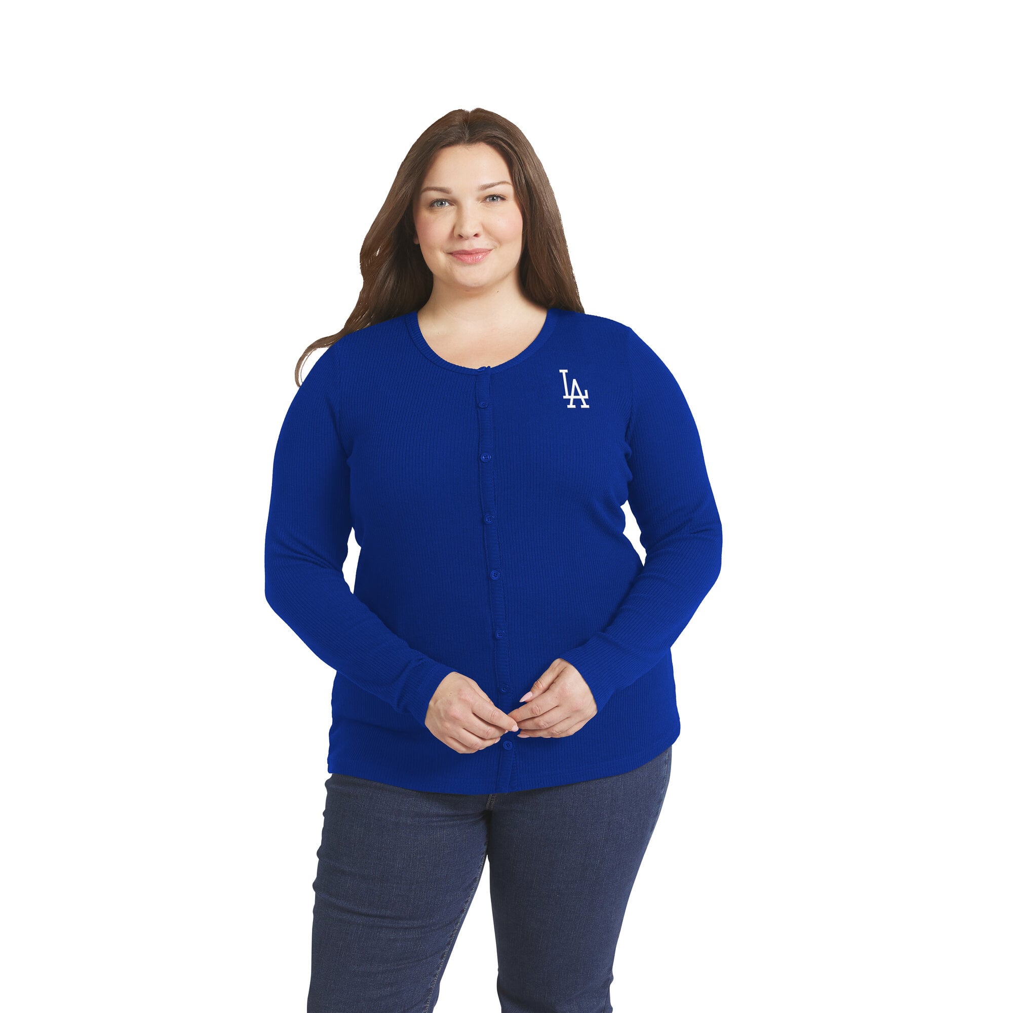 Women's WEAR by Erin Andrews Royal Los Angeles Dodgers Plus-Size Rib-Knit Button-Down Sweater