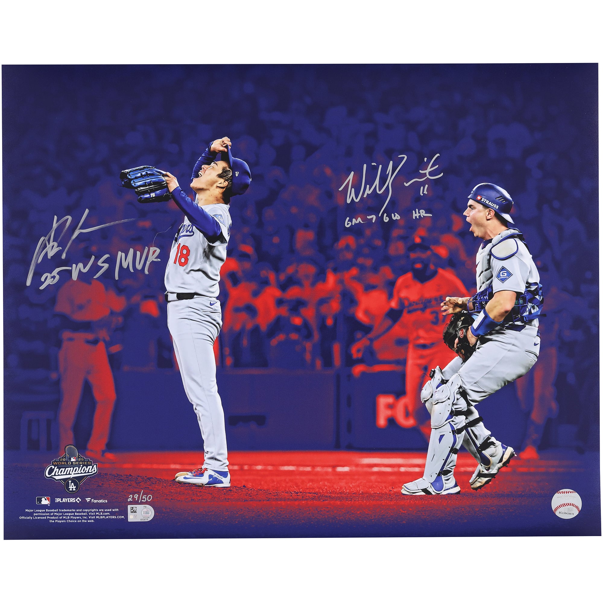 Yoshinobu Yamamoto & Will Smith Los Angeles Dodgers Autographed 2025 MLB World Series Champions 16" x 20" Last Out Photograph with Multiple Inscriptions - Dodgers Colorways - Limited Edition of 50