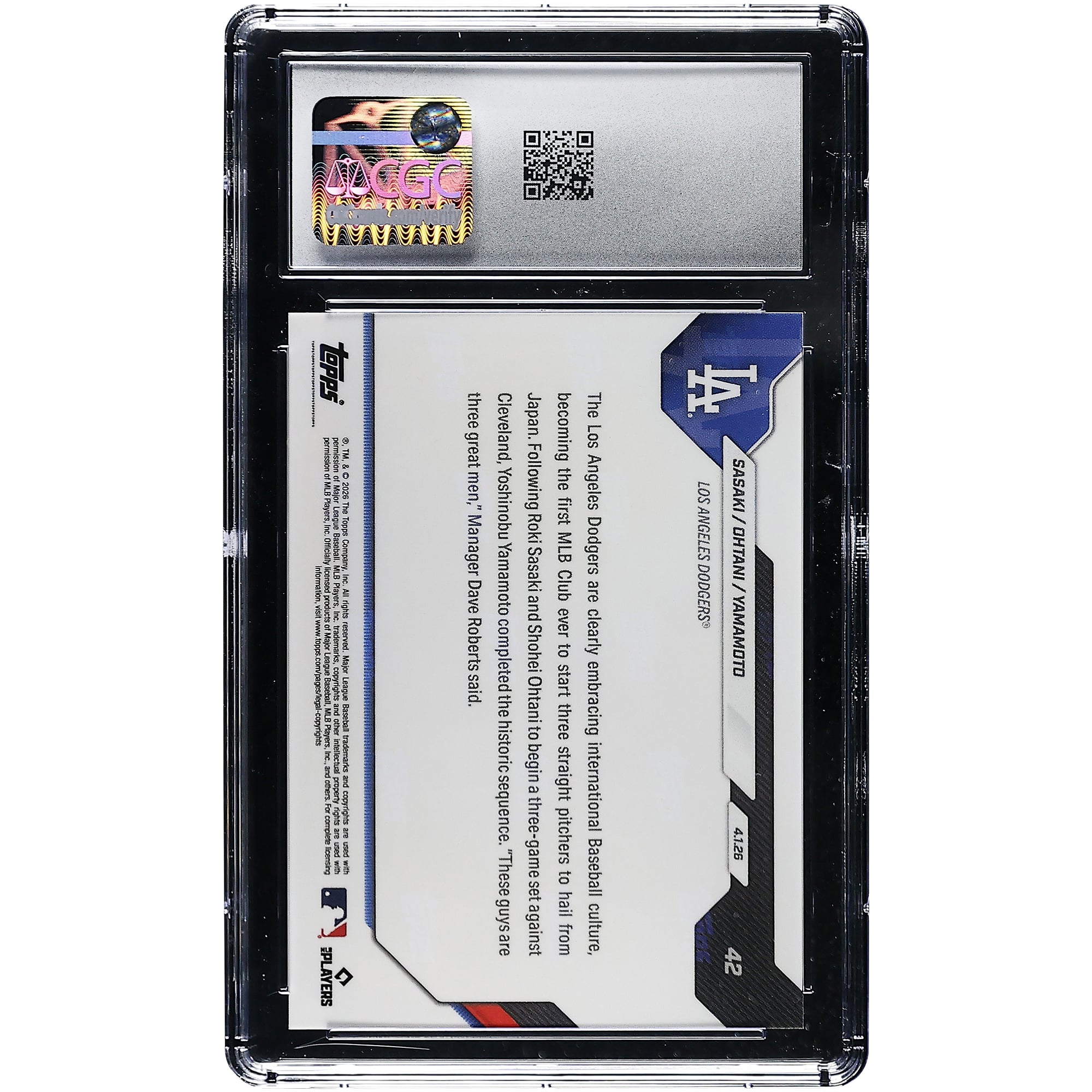 Yoshinobu Yamamoto, Shohei Ohtani et Roki Sasaki, Los Angeles Dodgers, carte Topps Now 2026 : première équipe de la MLB à aligner 3 lanceurs japonais consécutifs (n° 42), authentifiée CGC, état neuf+ (9,5).