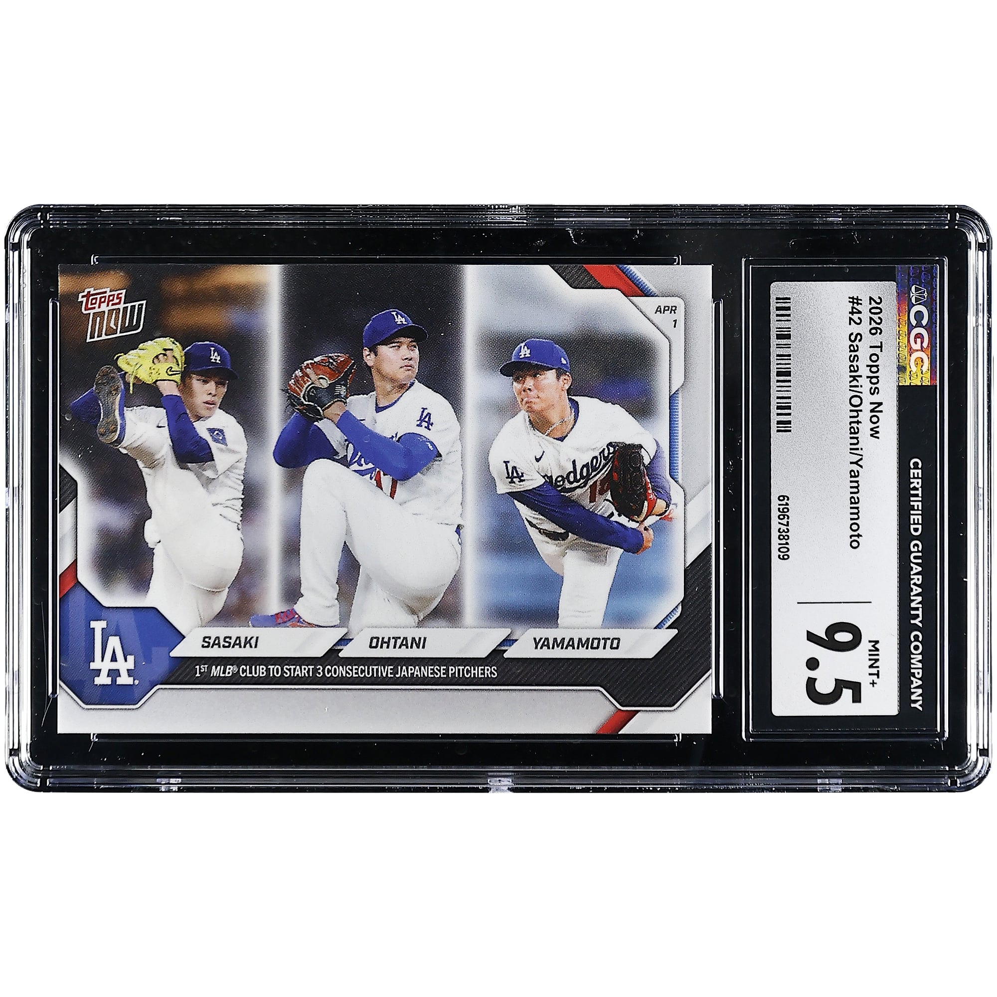 Yoshinobu Yamamoto, Shohei Ohtani et Roki Sasaki, Los Angeles Dodgers, carte Topps Now 2026 : première équipe de la MLB à aligner 3 lanceurs japonais consécutifs (n° 42), authentifiée CGC, état neuf+ (9,5).
