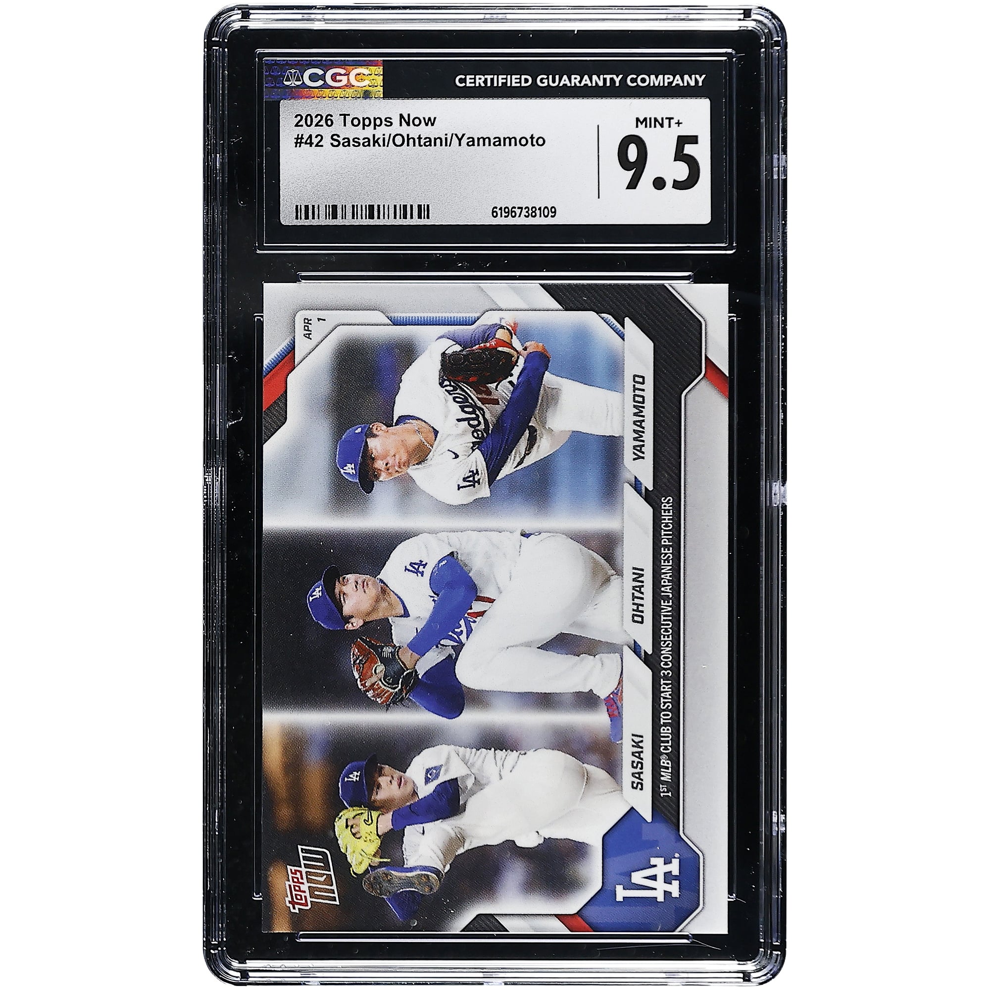 Yoshinobu Yamamoto, Shohei Ohtani et Roki Sasaki, Los Angeles Dodgers, carte Topps Now 2026 : première équipe de la MLB à aligner 3 lanceurs japonais consécutifs (n° 42), authentifiée CGC, état neuf+ (9,5).