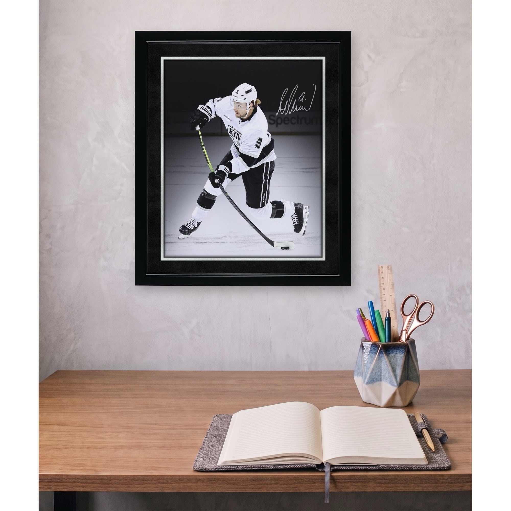 Adrian Kempe Los Angeles Kings Autographed 16" x 20" White Jersey Shooting Spotlight Photograph
