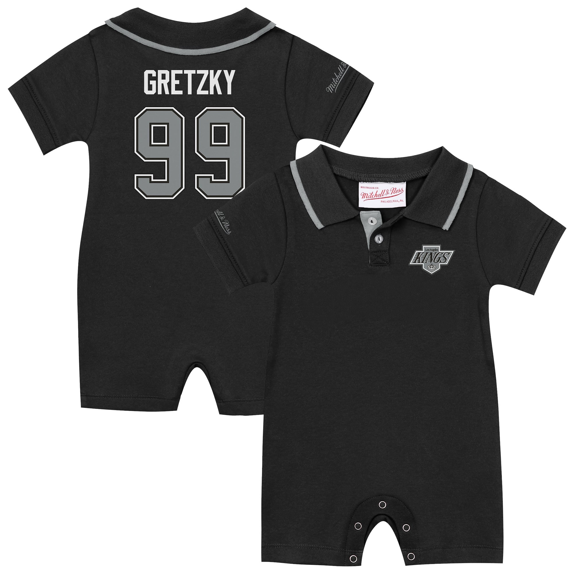 Infant Mitchell & Ness Wayne Gretzky Black Los Angeles Kings Retro Roots Player Rugby Romper