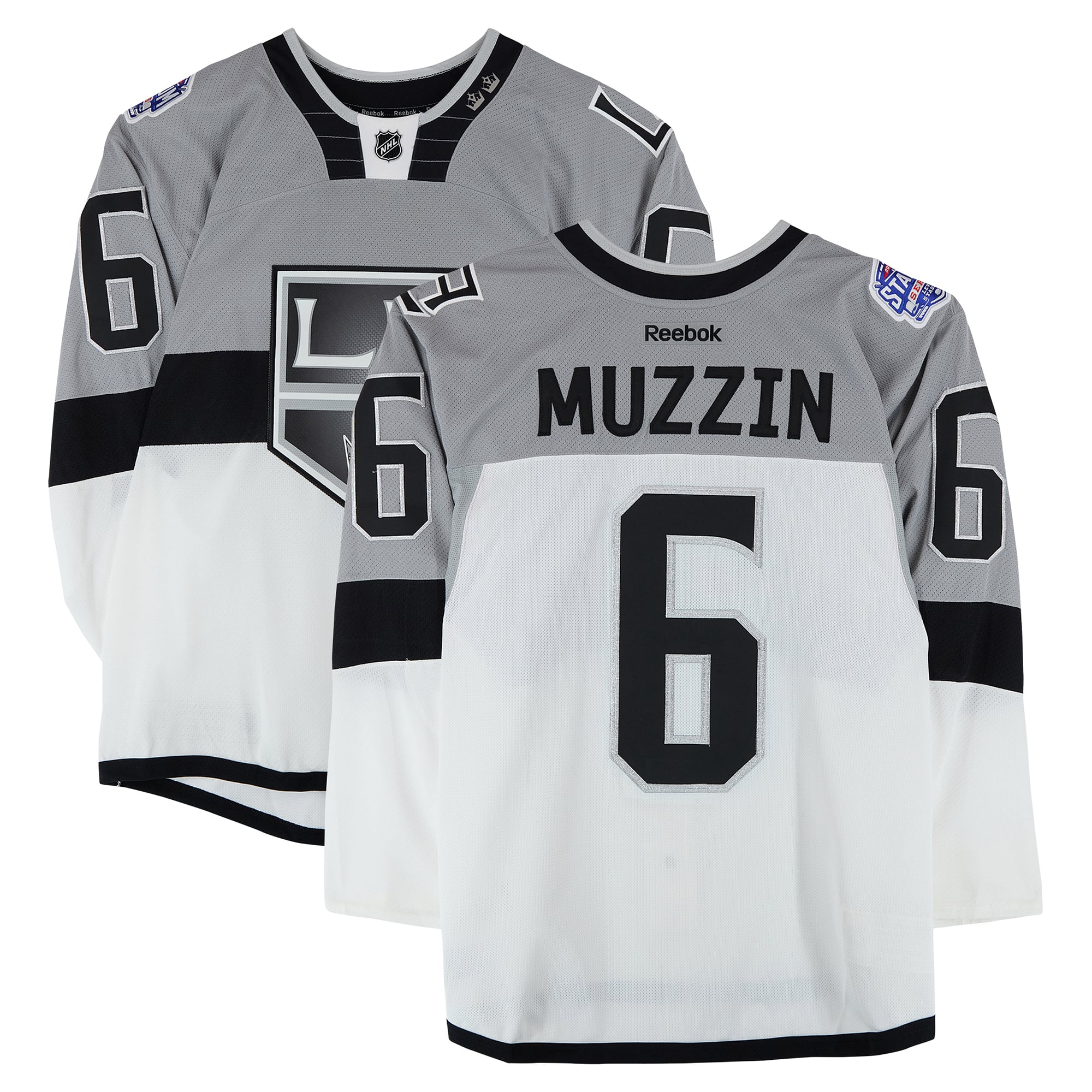 Maillot blanc n° 6 porté à l'entraînement par Jake Muzzin des Kings de Los Angeles contre les Sharks de San Jose le 21 février 2015
