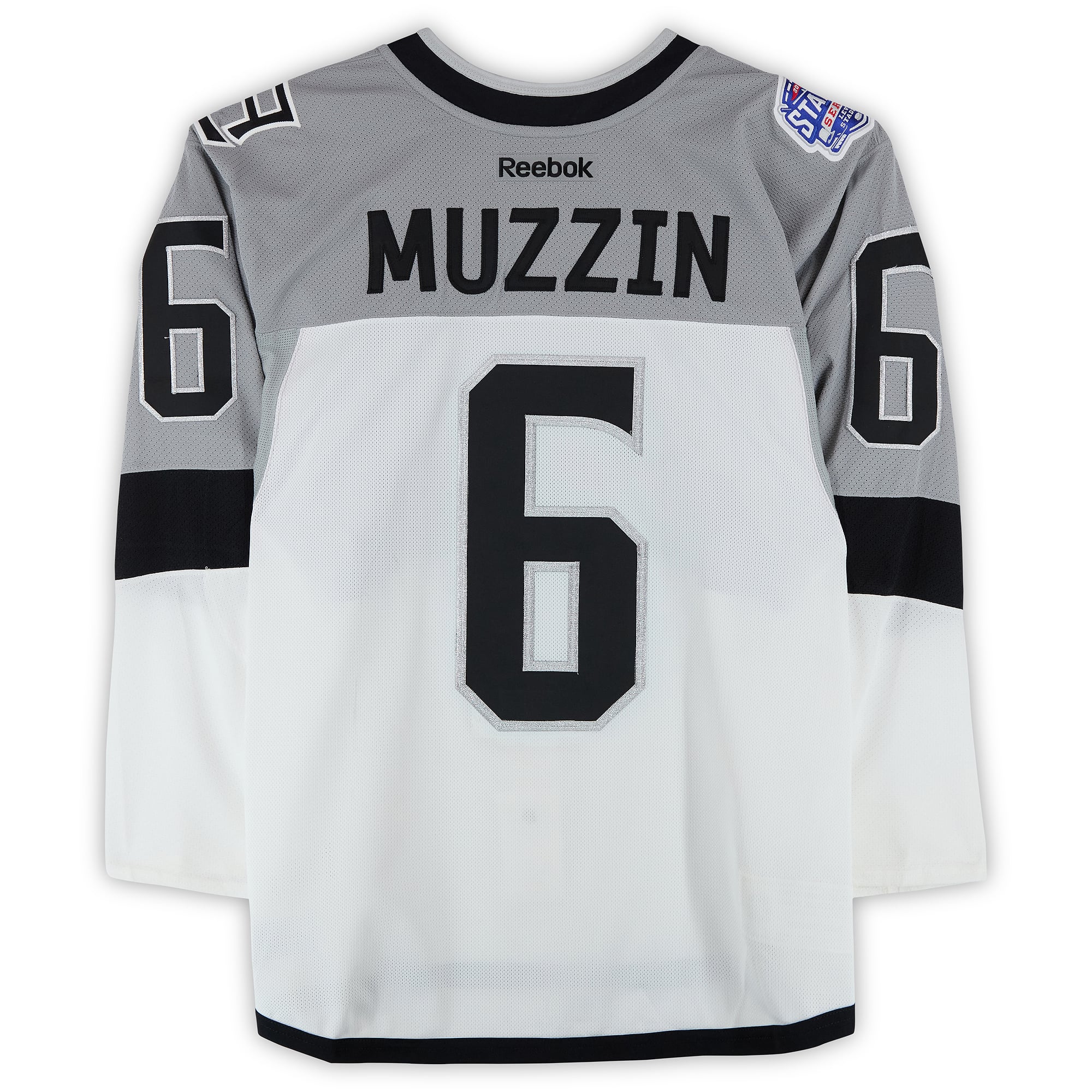 Maillot blanc n° 6 porté à l'entraînement par Jake Muzzin des Kings de Los Angeles contre les Sharks de San Jose le 21 février 2015