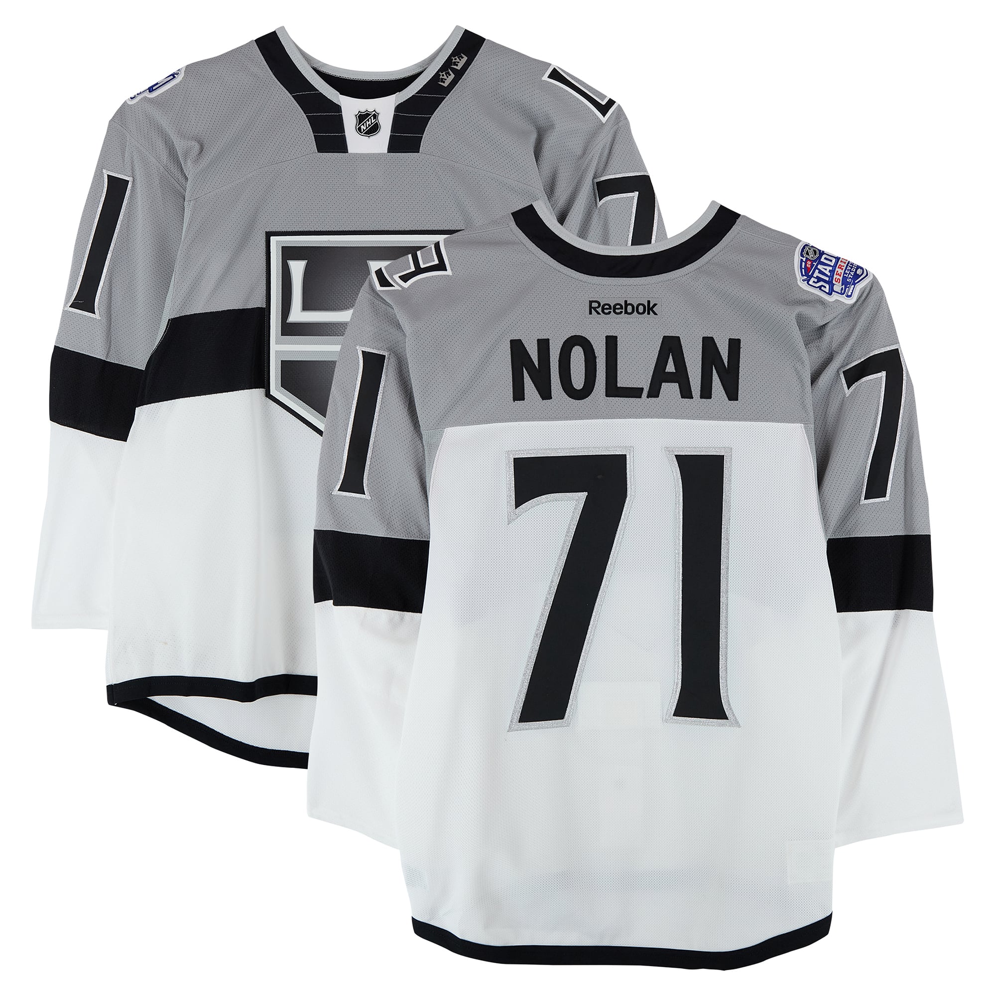 Maillot blanc n° 71 porté par Jordan Nolan lors de l'entraînement des Kings de Los Angeles contre les Sharks de San Jose le 21 février 2015