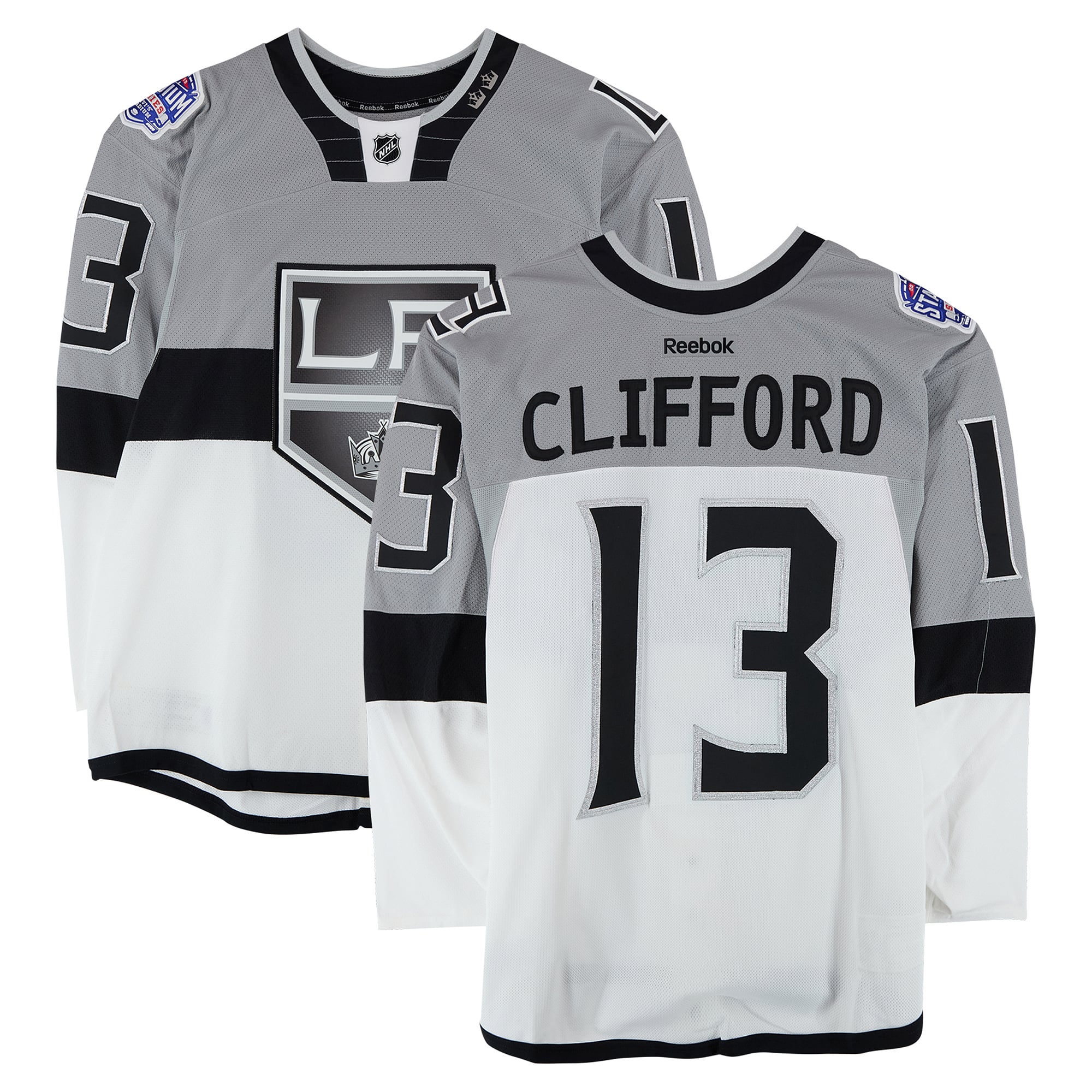 Maillot blanc n° 13 porté par Kyle Clifford lors de l'entraînement des Kings de Los Angeles contre les Sharks de San Jose le 21 février 2015