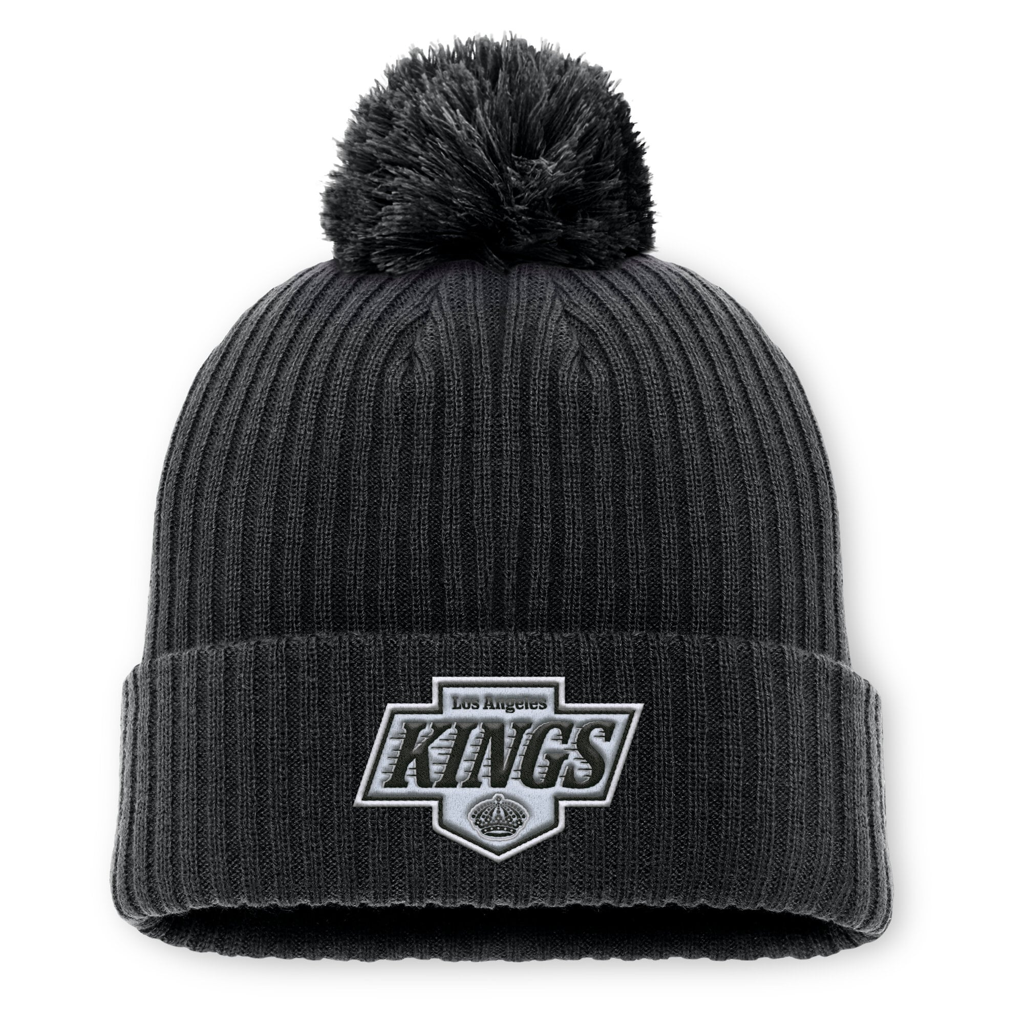 Bonnet en tricot à revers avec logo principal des Los Angeles Kings Fanatics pour homme, noir, avec pompon
