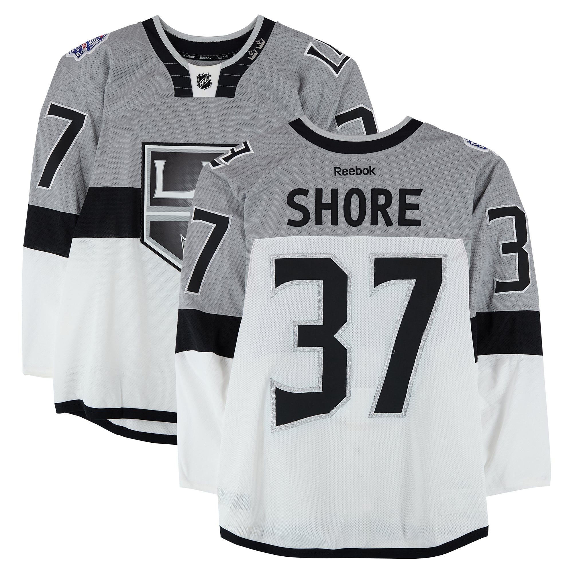 Maillot blanc n° 37 porté par Nick Shore lors de l'entraînement des Kings de Los Angeles contre les Sharks de San Jose le 21 février 2015