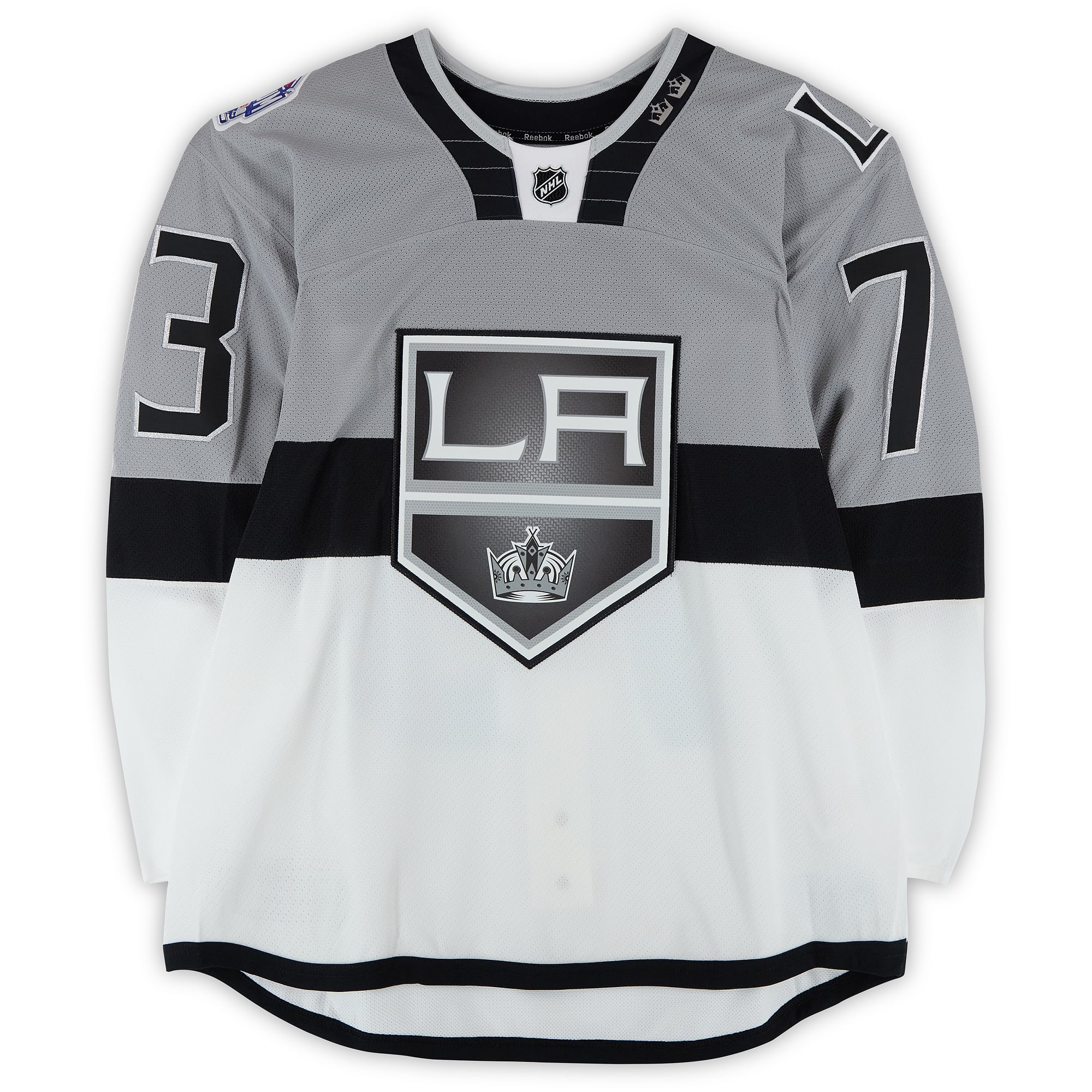 Tyler Toffoli Los Angeles Kings Practice-Used #73 White Jersey vs. San Jose Sharks on February 21, 2015