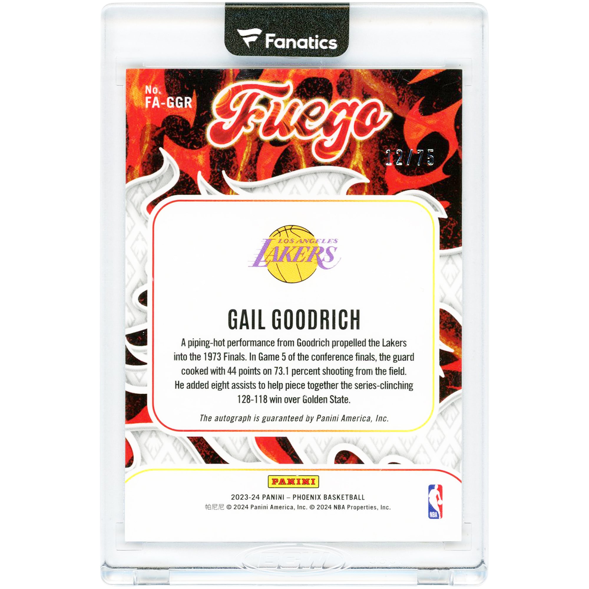 Carte Panini Phoenix Fuego 2023-24 autographiée par Gail Goodrich (Los Angeles Lakers) #FAGGR #12/75