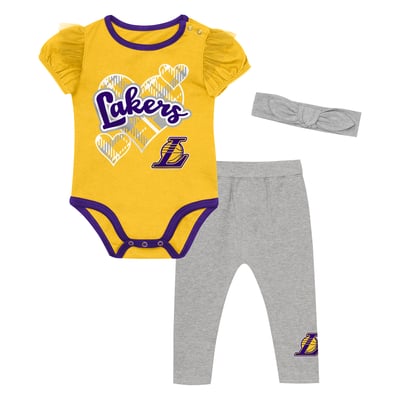 Los Angeles Lakers Outerstuff Girls Infant Team Heart Bodysuit, Pants & Headband Set - Gold/Gray