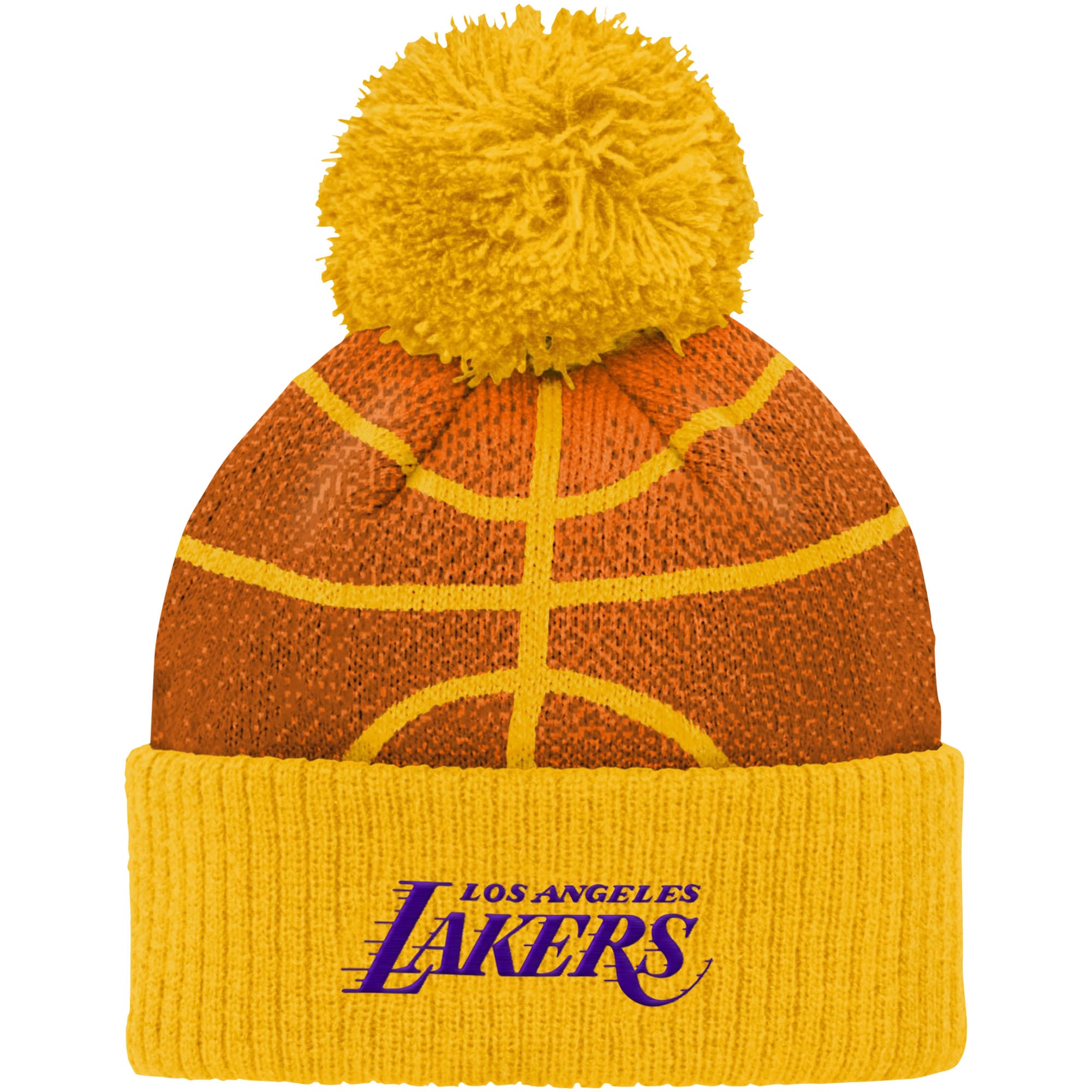 Bonnet en tricot à revers avec tête de basket-ball des Los Angeles Lakers doré pour bébé avec pompon