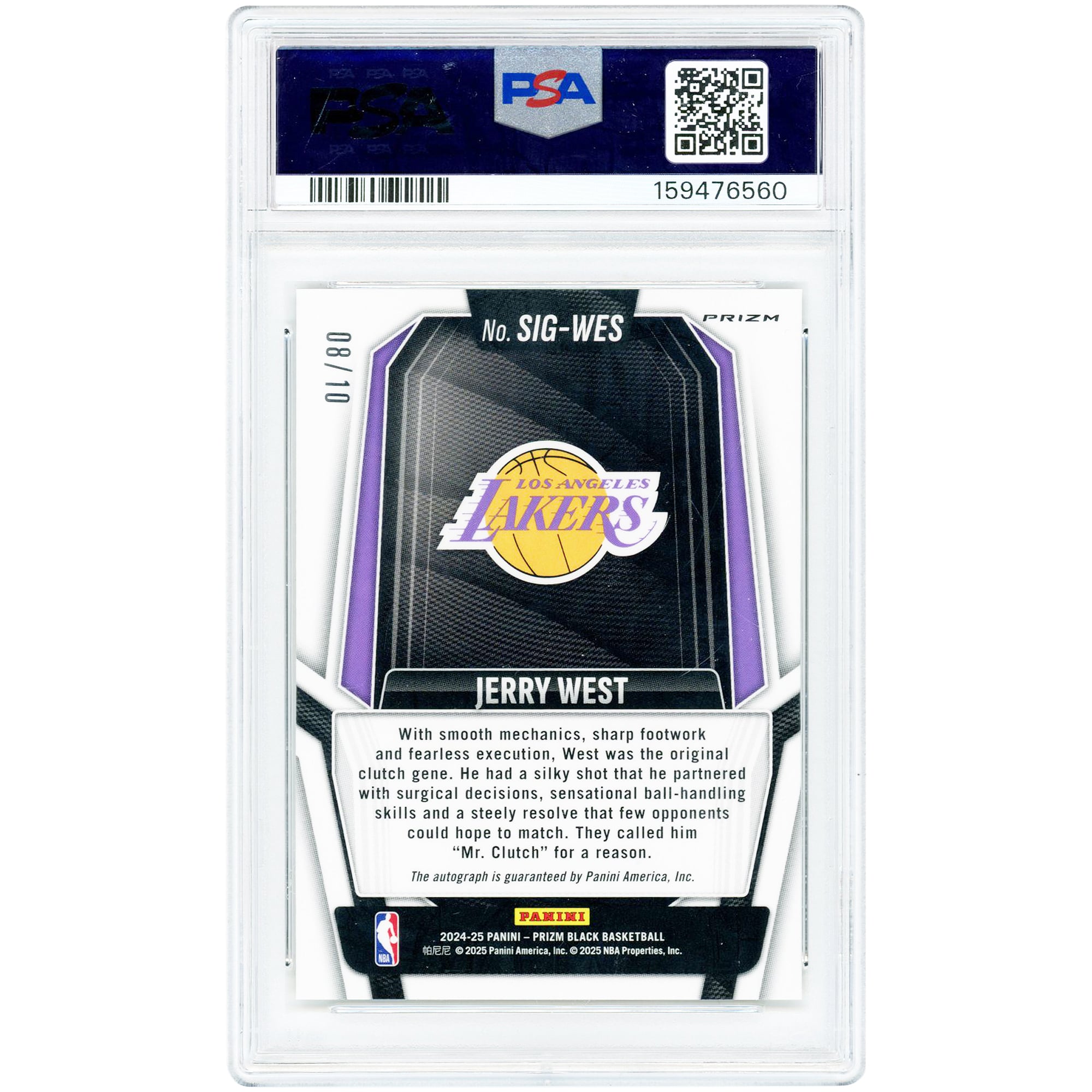 Jerry West Los Angeles Lakers Autographed 2024-25 Panini Prizm Black Gold Shimmer Prizm #SIG-WES #8/10 PSA Authenticated 10 Card